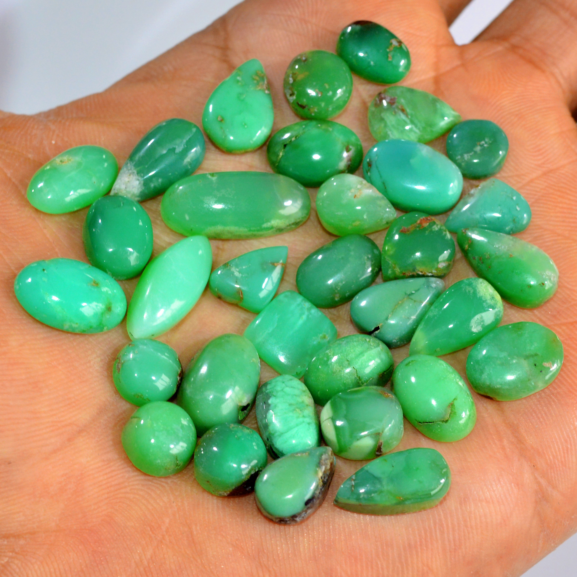 33Pcs 131Cts Natural Chrysoprase Cabochon Loose Gemstone Lot Semi-Precious Green Gemstone For Silver Jewelry Making 19x7 10x6mm 15900