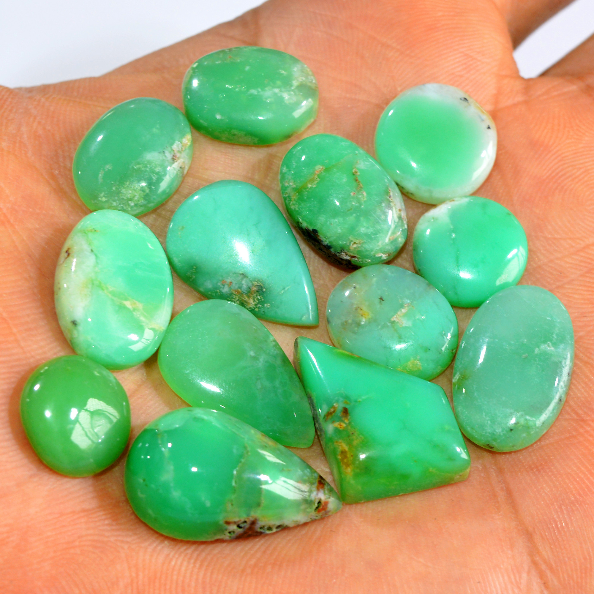 13Pcs 136Cts Natural Chrysoprase Cabochon Loose Gemstone Lot Semi-Precious Green Gemstone For Silver Jewelry Making 22x13 11x11mm 15903