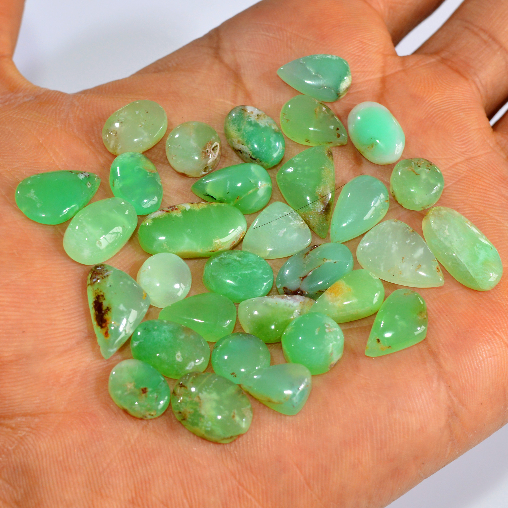32Pcs 117Cts Natural Chrysoprase Cabochon Loose Gemstone Lot Semi-Precious Green Gemstone For Silver Jewelry Making 16x7 8x8mm 15904