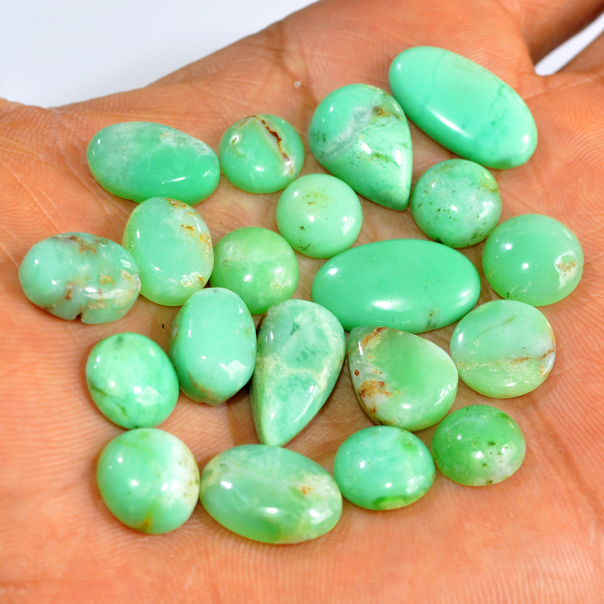 20Pcs 105Cts Natural Chrysoprase Cabochon Loose Gemstone Lot Semi-Precious Green Gemstone For Silver Jewelry Making 20x10 10x10mm 15908