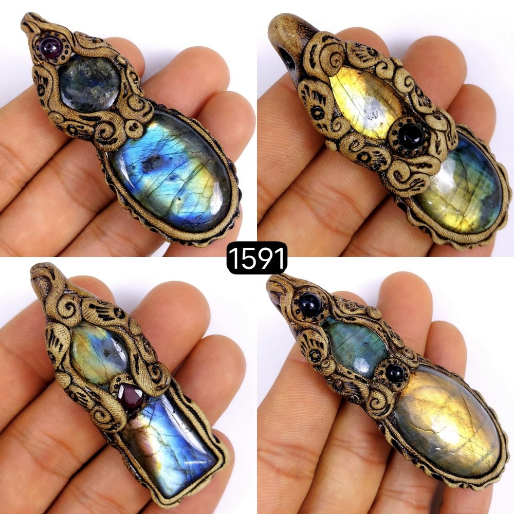 4Pcs Lot 445Cts Natural Labradorite Double Stone Polymer clay Pendant jewelry Size 75x22 72x21mm#G-1591