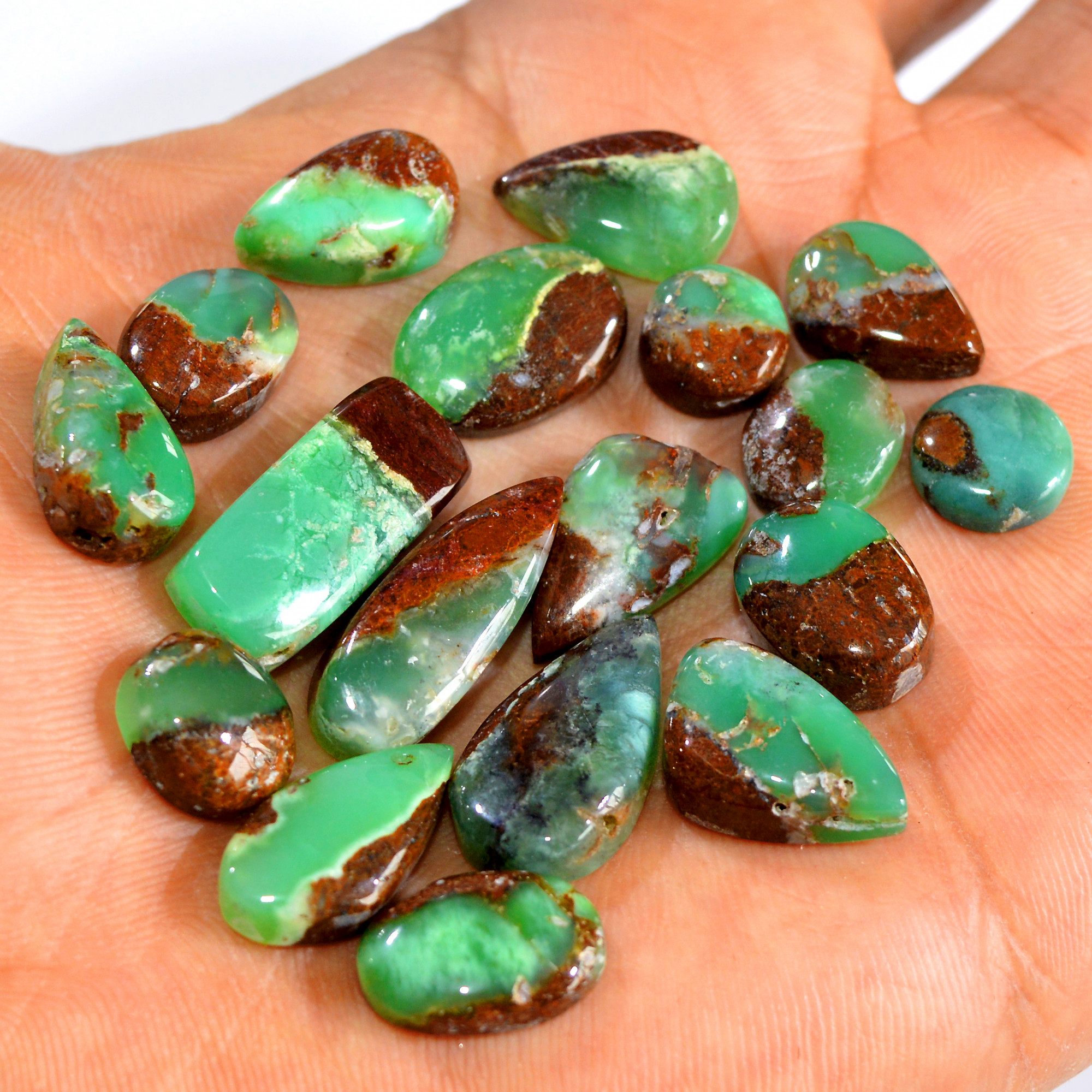 18Pcs 129Cts Natural Chrysoprase Cabochon Loose Gemstone Lot Semi-Precious Green Gemstone For Silver Jewelry Making 22x8 8x8mm 15910