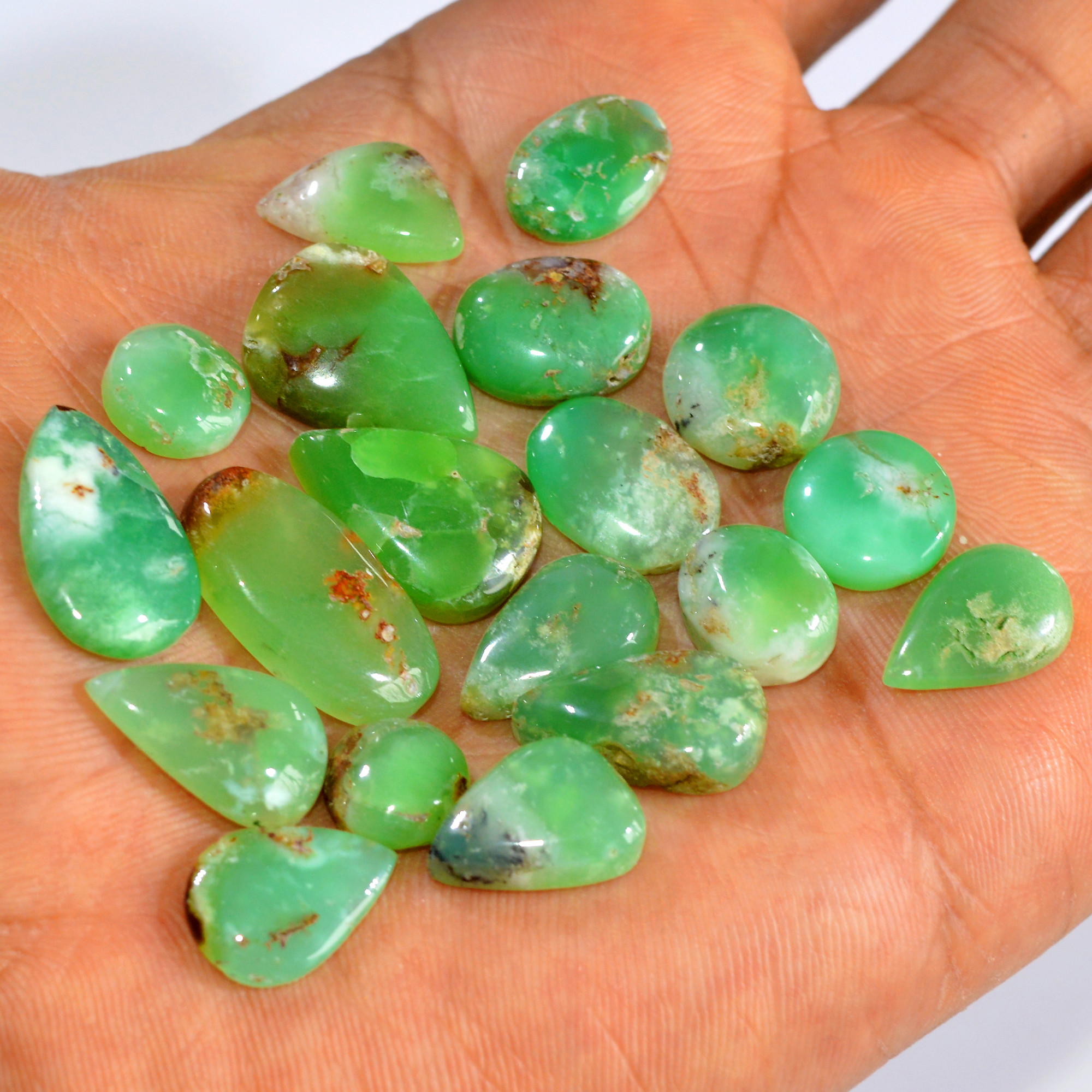 18Pcs 111Cts Natural Green Chrysoprase Cabochon Loose Gemstone Lot Craft Supplies For Silver Jewelry Making For Women 20x10 10x10mm 15911