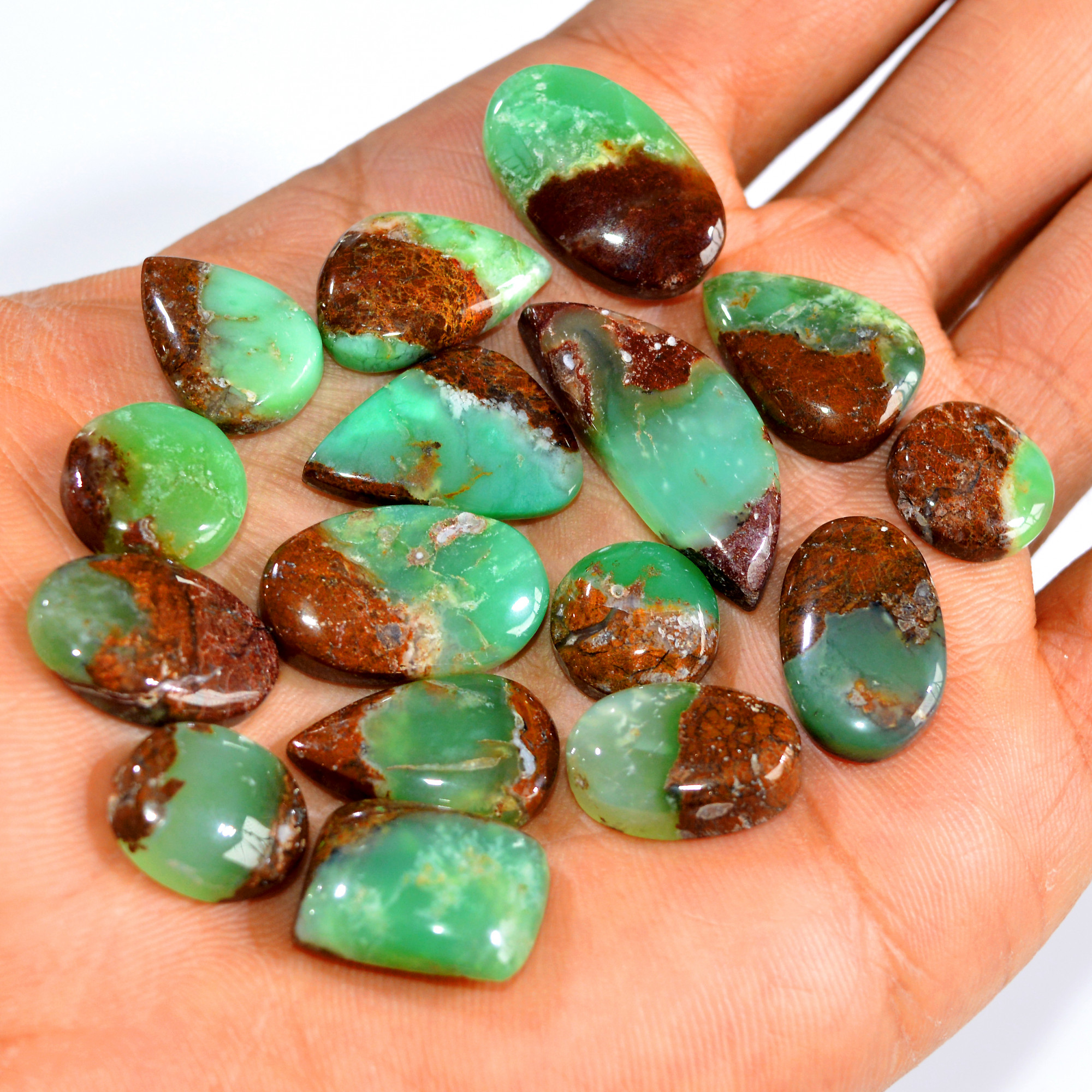 16Pcs 169Cts Natural Green Chrysoprase Cabochon Loose Gemstone Lot Craft Supplies For Silver Jewelry Making For Women 30x10 11x11mm 15915