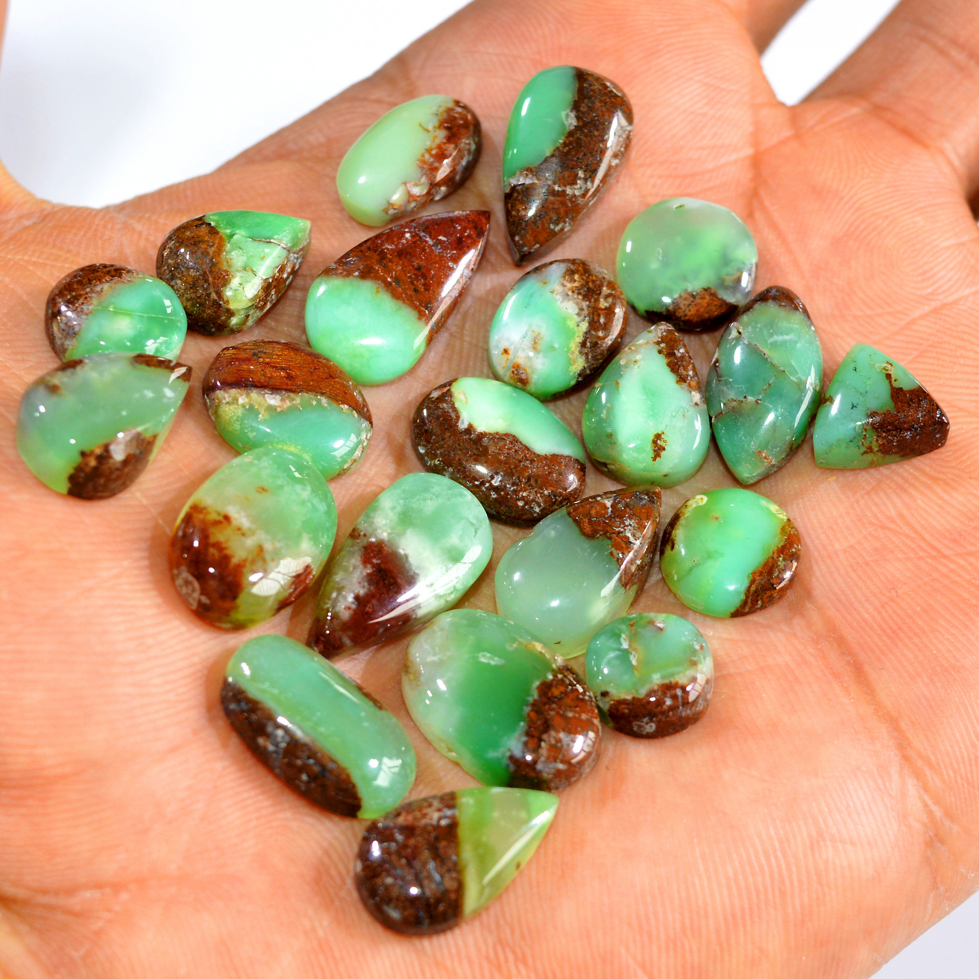 21Pcs 132Cts Natural Green Chrysoprase Cabochon Loose Gemstone Lot Craft Supplies For Silver Jewelry Making For Women 20x9 10x10mm 15916