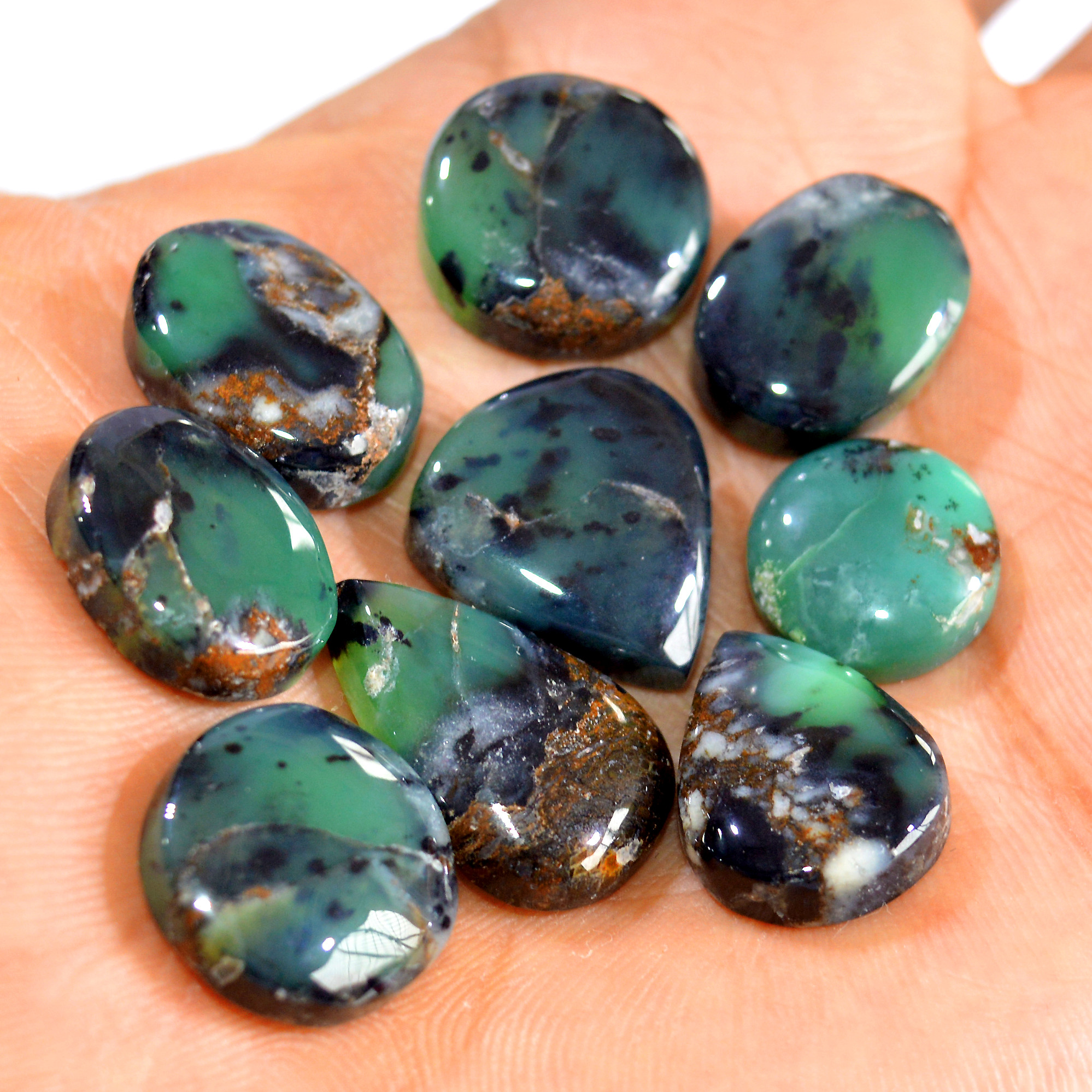 9Pcs 129Cts Natural Green Chrysoprase Cabochon Loose Gemstone Lot Craft Supplies For Silver Jewelry Making For Women 21x13 13x13mm 15919