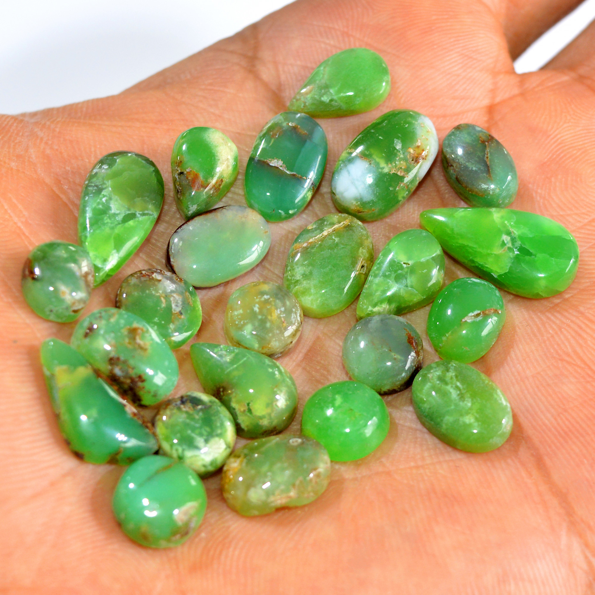 23Pcs 96Cts Natural Green Chrysoprase Cabochon Loose Gemstone Lot Craft Supplies For Silver Jewelry Making For Women 18x8 9x6mm 15920