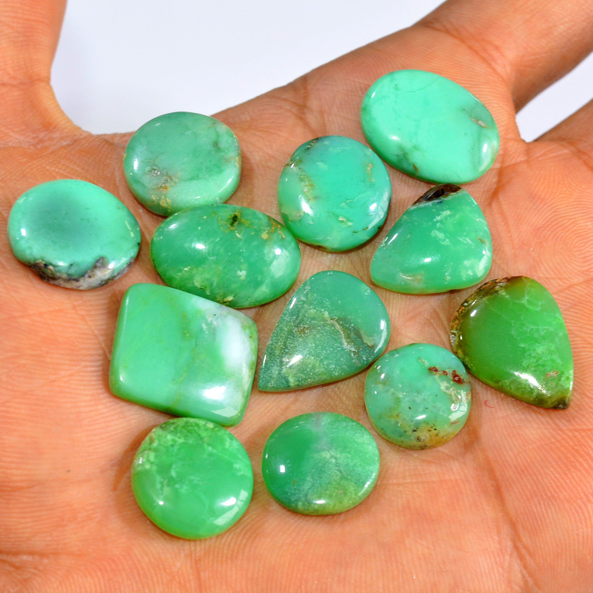 12Pcs 130Cts Natural Green Chrysoprase Cabochon Loose Gemstone Lot Craft Supplies For Silver Jewelry Making For Women 19x15 13x13mm 15923