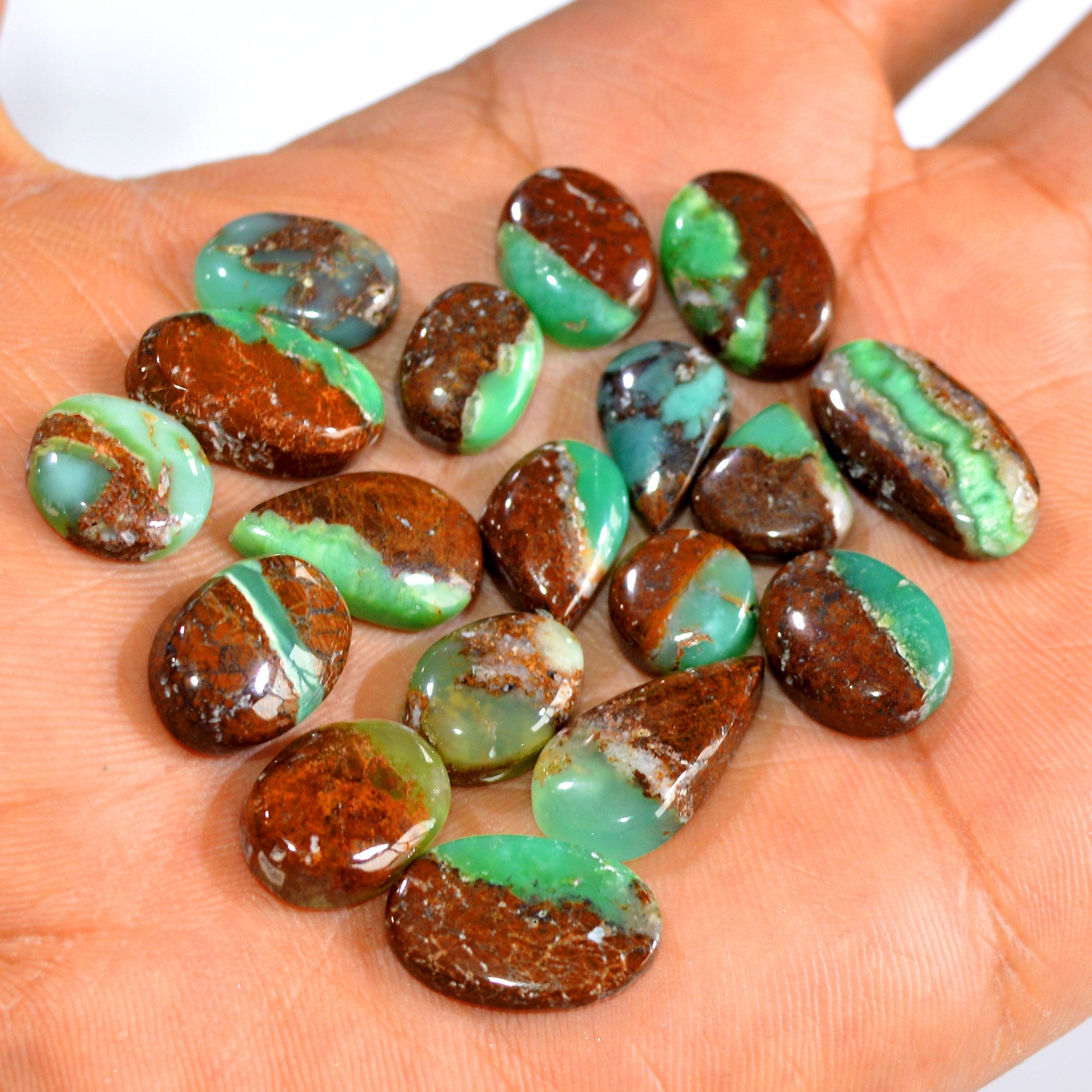 18Pcs 125Cts Natural Green Chrysoprase Cabochon Loose Gemstone Lot Craft Supplies For Silver Jewelry Making For Women 20x10 10x10mm 15924