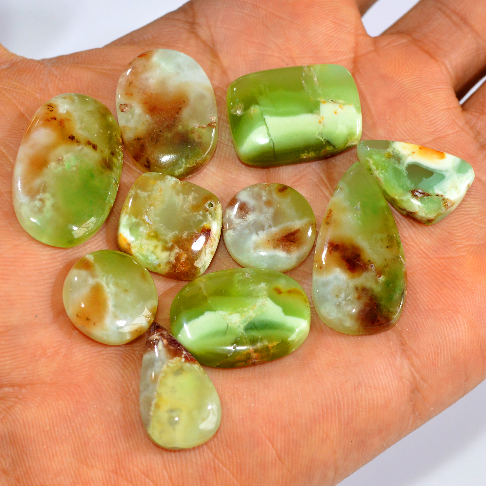 10Pcs 163Cts Natural Green Chrysoprase Cabochon Loose Gemstone Lot Craft Supplies For Silver Jewelry Making For Women 30x14 14x14mm 15925