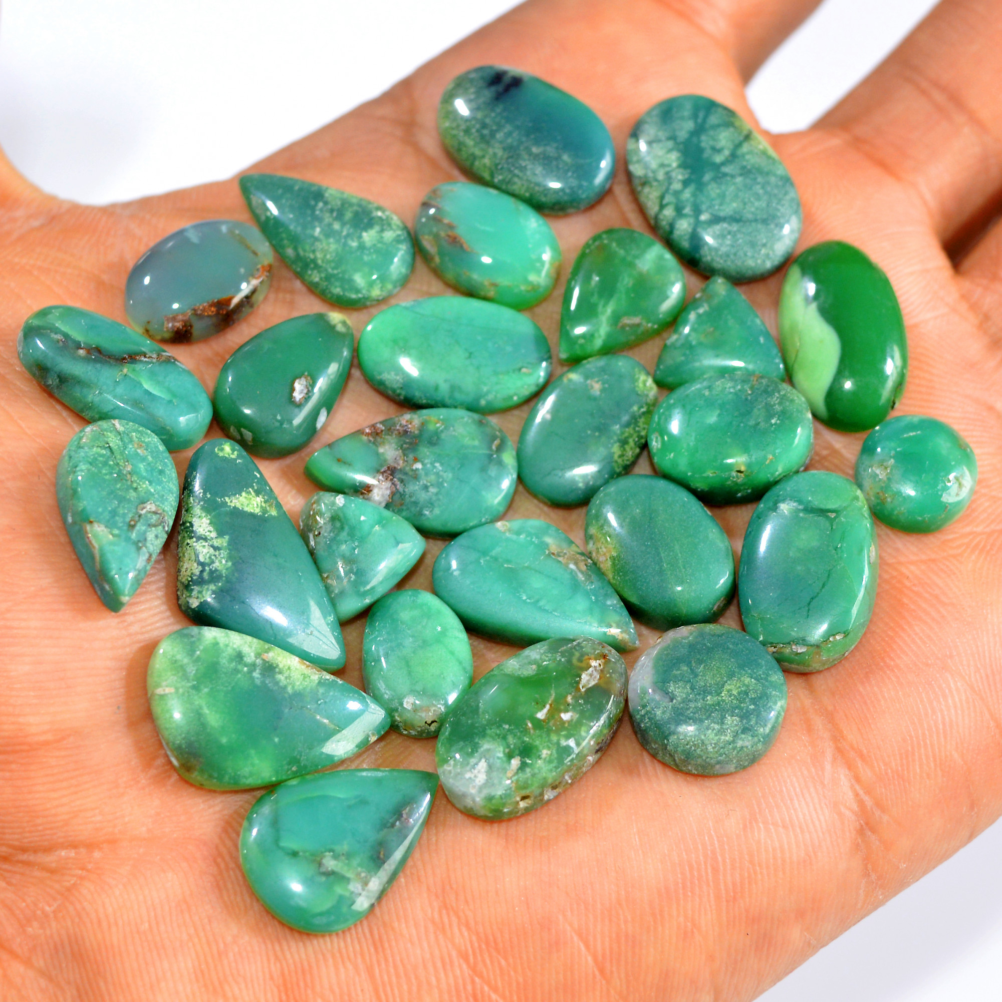 26Pcs 173Cts Natural Green Chrysoprase Cabochon Loose Gemstone Lot Craft Supplies For Silver Jewelry Making For Women 20x10 10x10mm 15926