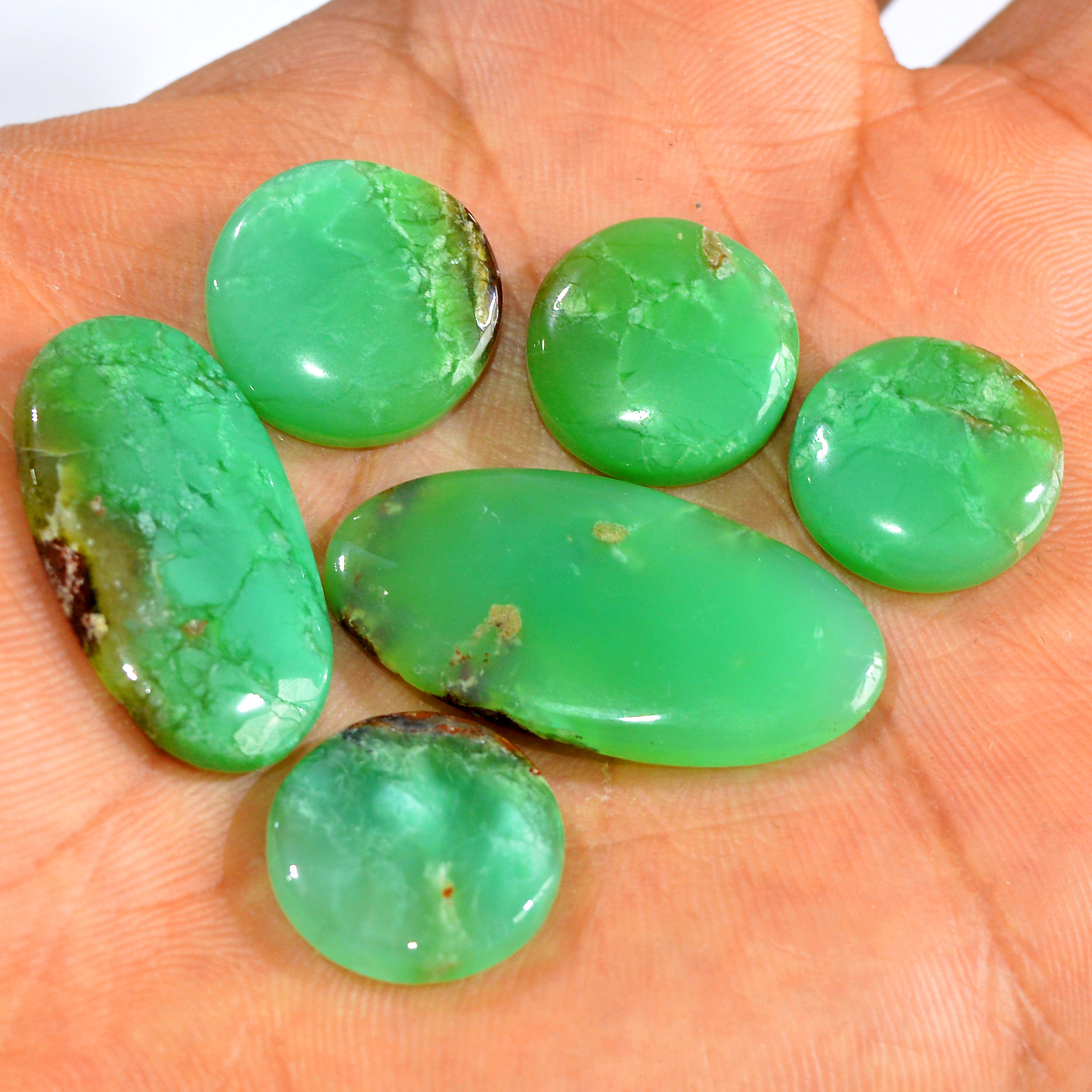 6Pcs 87Cts Natural Green Chrysoprase Cabochon Loose Gemstone Lot Craft Supplies For Silver Jewelry Making For Women 33x15 15x15mm 15927