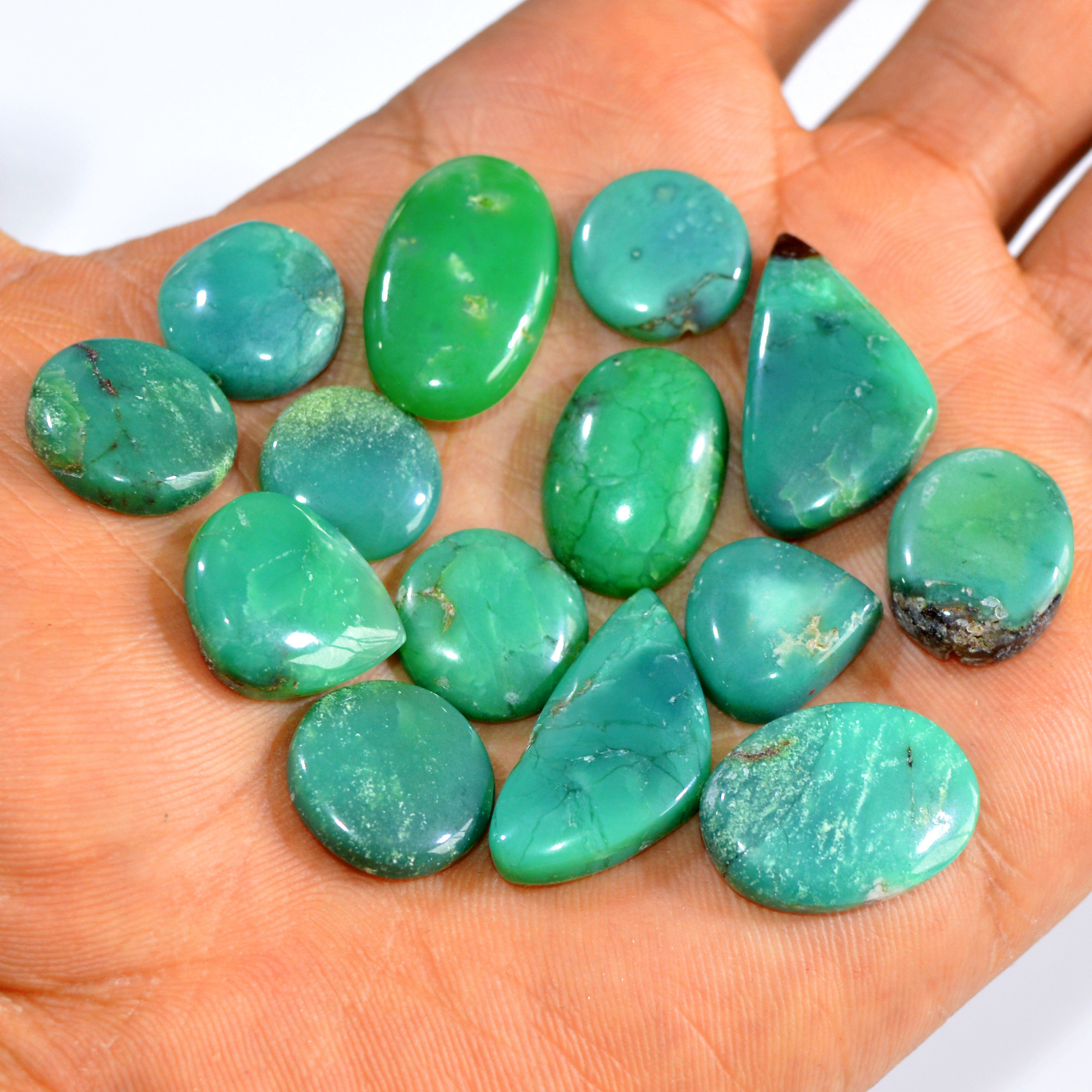 14Pcs 150Cts Natural Green Chrysoprase Cabochon Loose Gemstone Lot Craft Supplies For Silver Jewelry Making For Women 26x12 13x13mm 15928