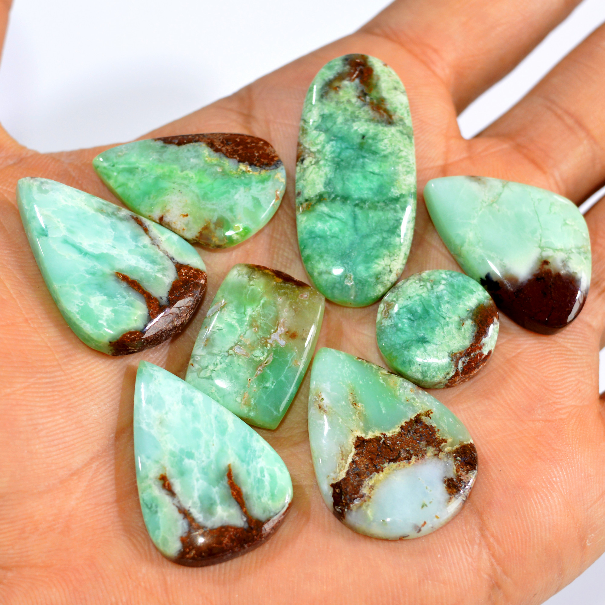 8Pcs 172Cts Natural Chrysoprase Cabochon Loose Gemstone Lot Mixed Shapes Sizes Healing Crystal For Jewelry Making 35x15 15x15mm 15948