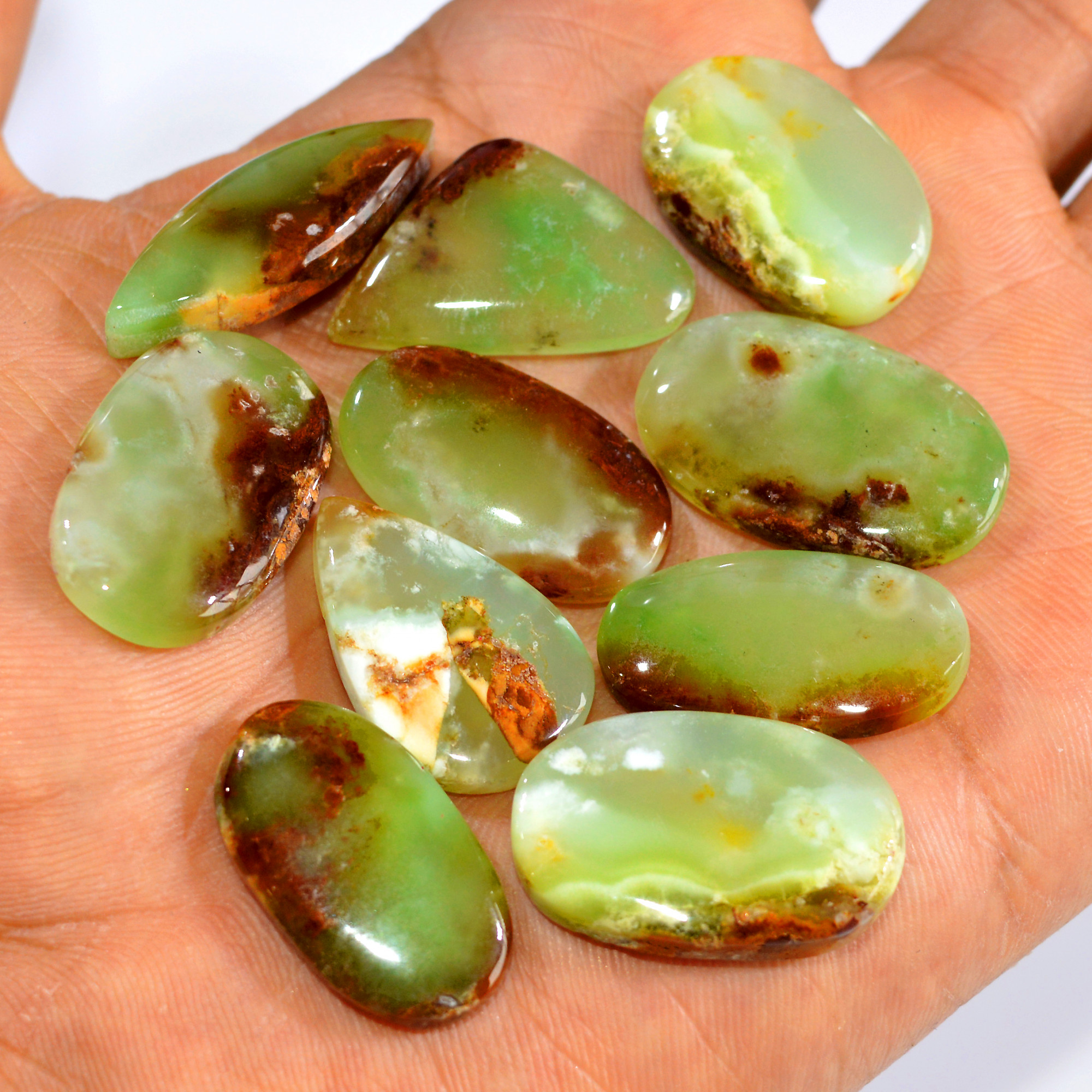 10Pcs 190Cts Natural Chrysoprase Cabochon Loose Gemstone Lot Mixed Shapes Sizes Healing Crystal For Jewelry Making 30x10 24x14mm 15950