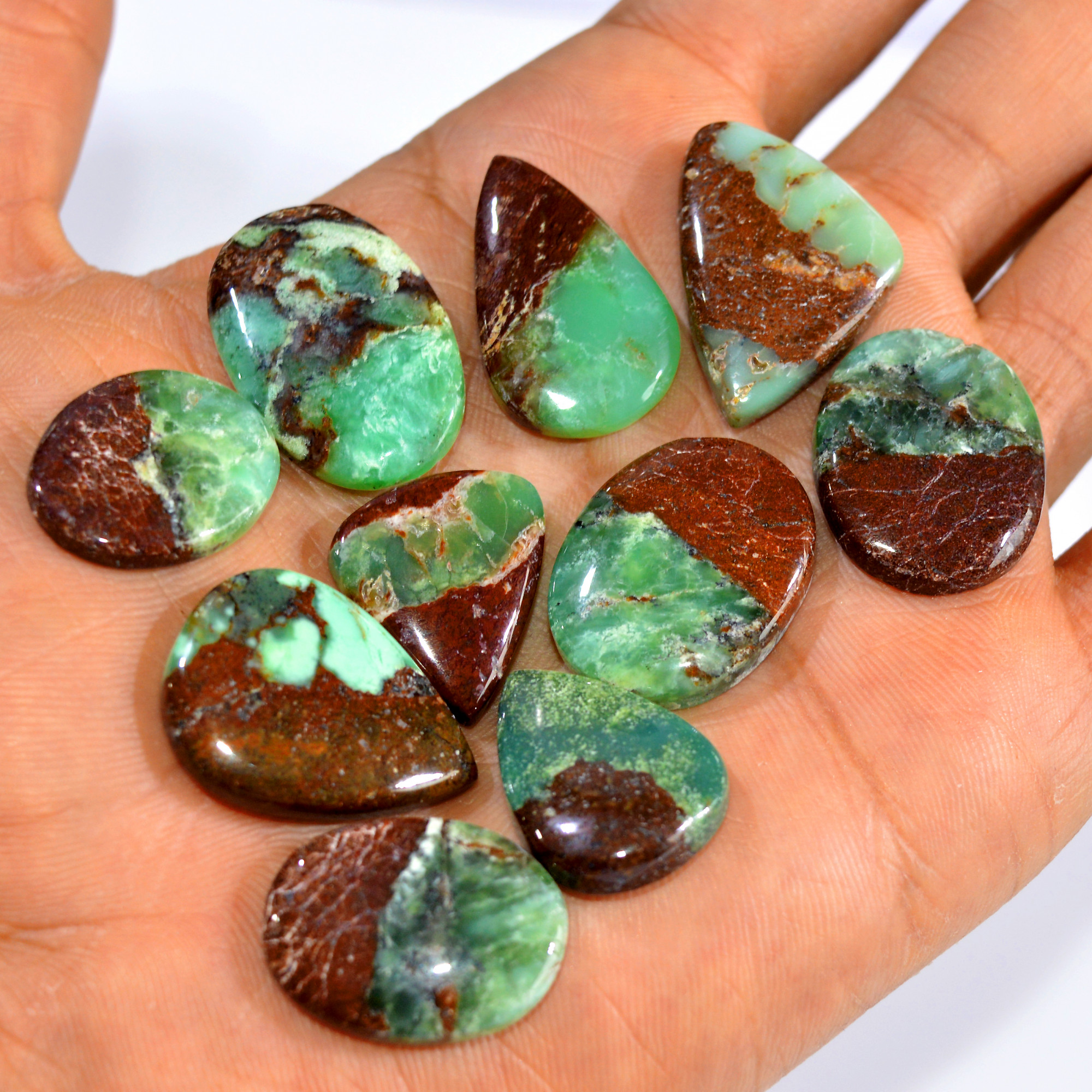 10Pcs 182Cts Natural Chrysoprase Cabochon Loose Gemstone Lot Mixed Shapes Sizes Healing Crystal For Jewelry Making 26x18 21x15mm 15951