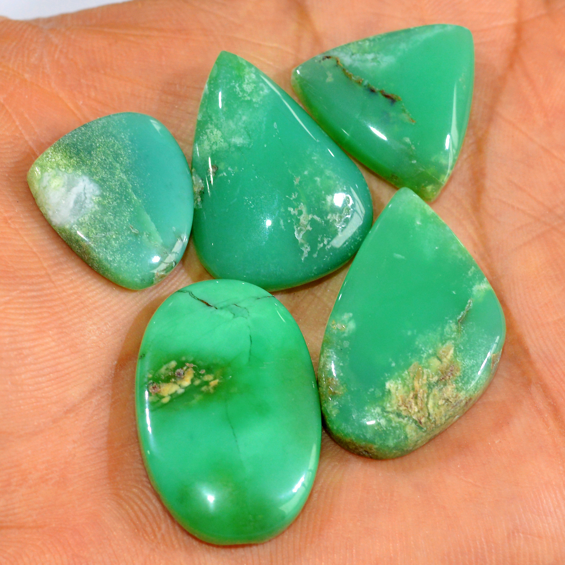 5Pcs 109Cts Natural Chrysoprase Cabochon Loose Gemstone Lot Mixed Shapes Sizes Healing Crystal For Jewelry Making 30x17 20x16mm 15953