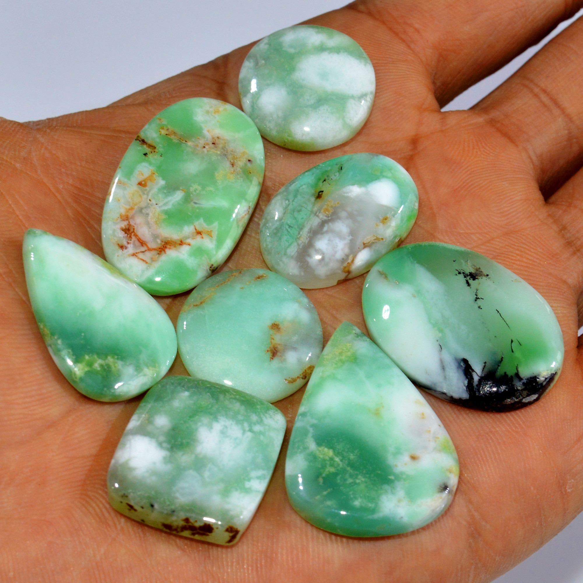 8Pcs 178Cts Natural Green Chrysoprase Cabochon Loose Mixed Shapes Gemstone Lot For Pendants Handmade Jewelry Supplies 30x20 19x19mm 15969