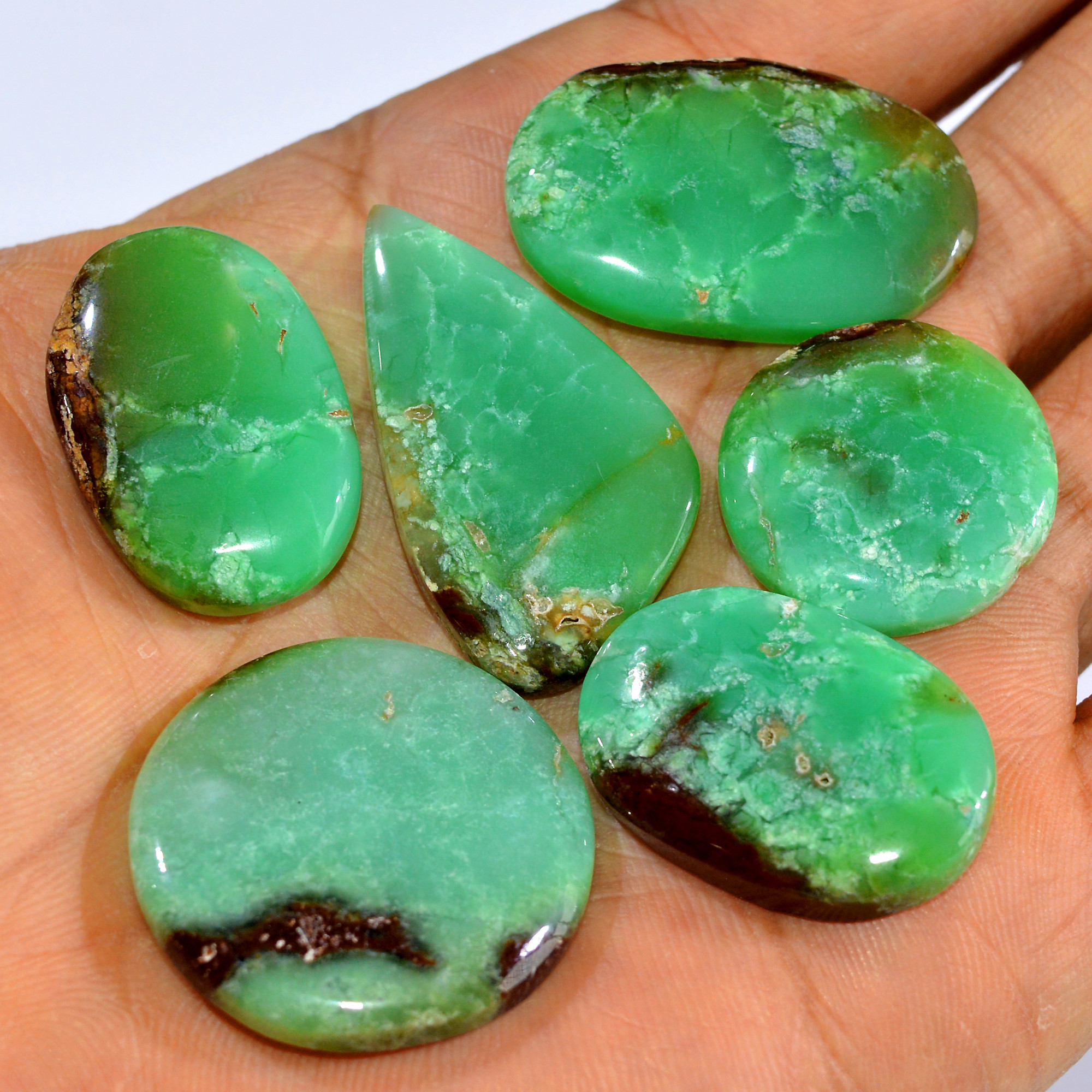 6Pcs 193Cts Natural Green Chrysoprase Cabochon Loose Mixed Shapes Gemstone Lot For Pendants Handmade Jewelry Supplies 35x20 20x20mm 15970