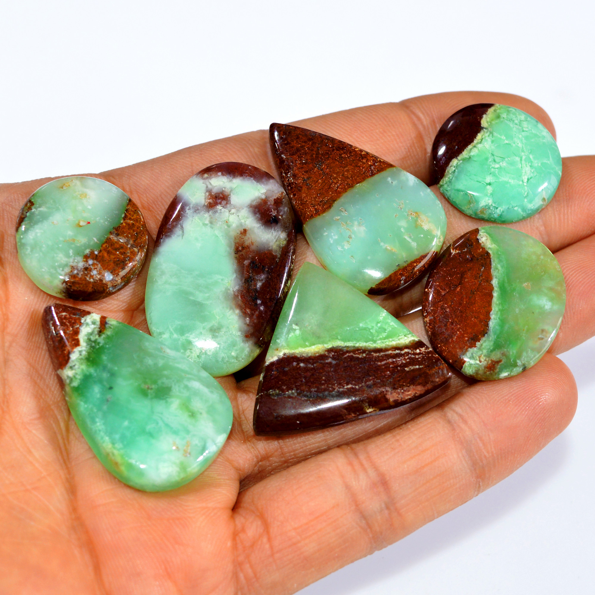 7Pcs 206Cts Natural Green Chrysoprase Cabochon Loose Mixed Shapes Gemstone Lot For Pendants Handmade Jewelry Supplies 35x20 20x20mm 15981