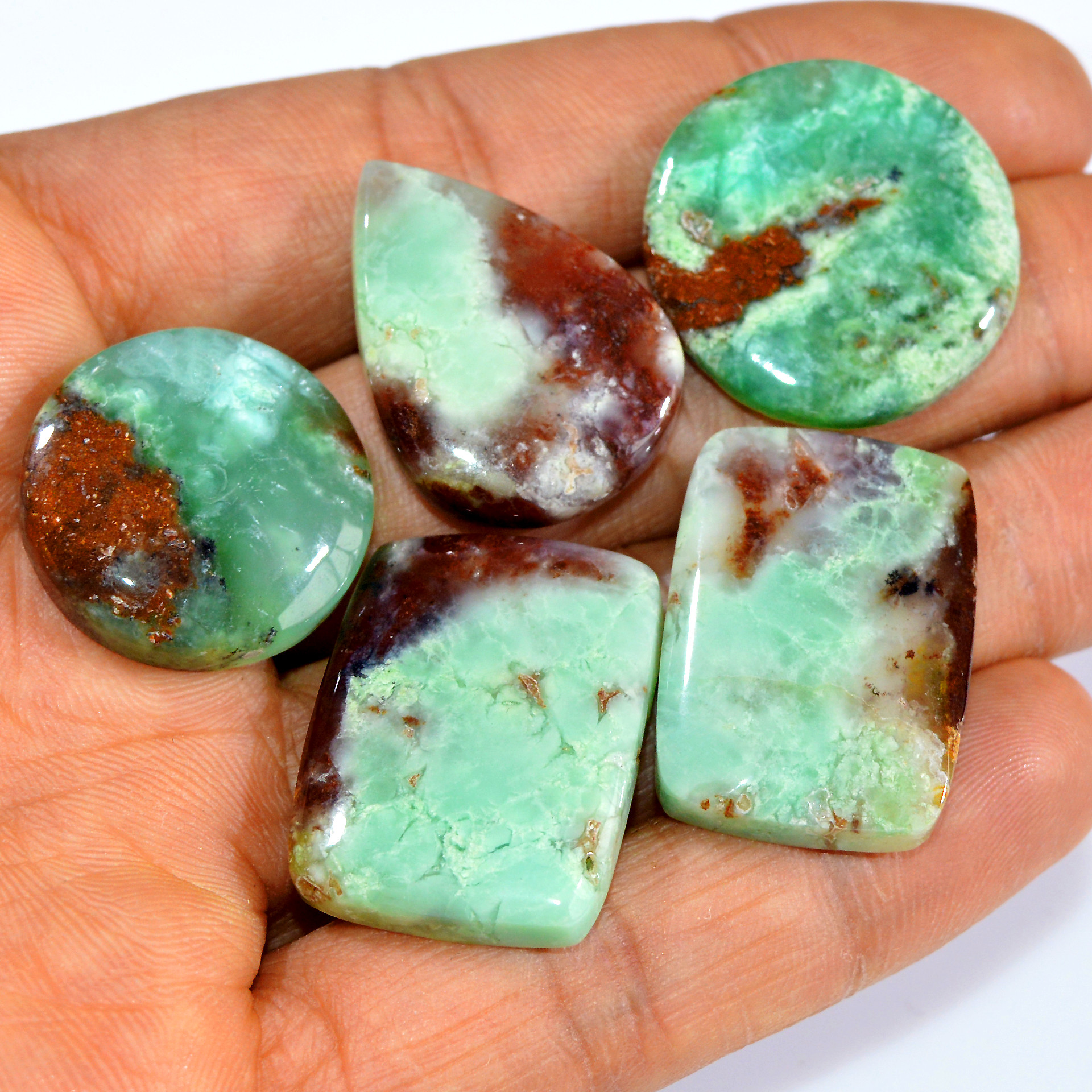 5Pcs 147Cts Natural Green Chrysoprase Cabochon Loose Mixed Shapes Gemstone Lot For Pendants Handmade Jewelry Supplies 26x19 20x20mm 15982
