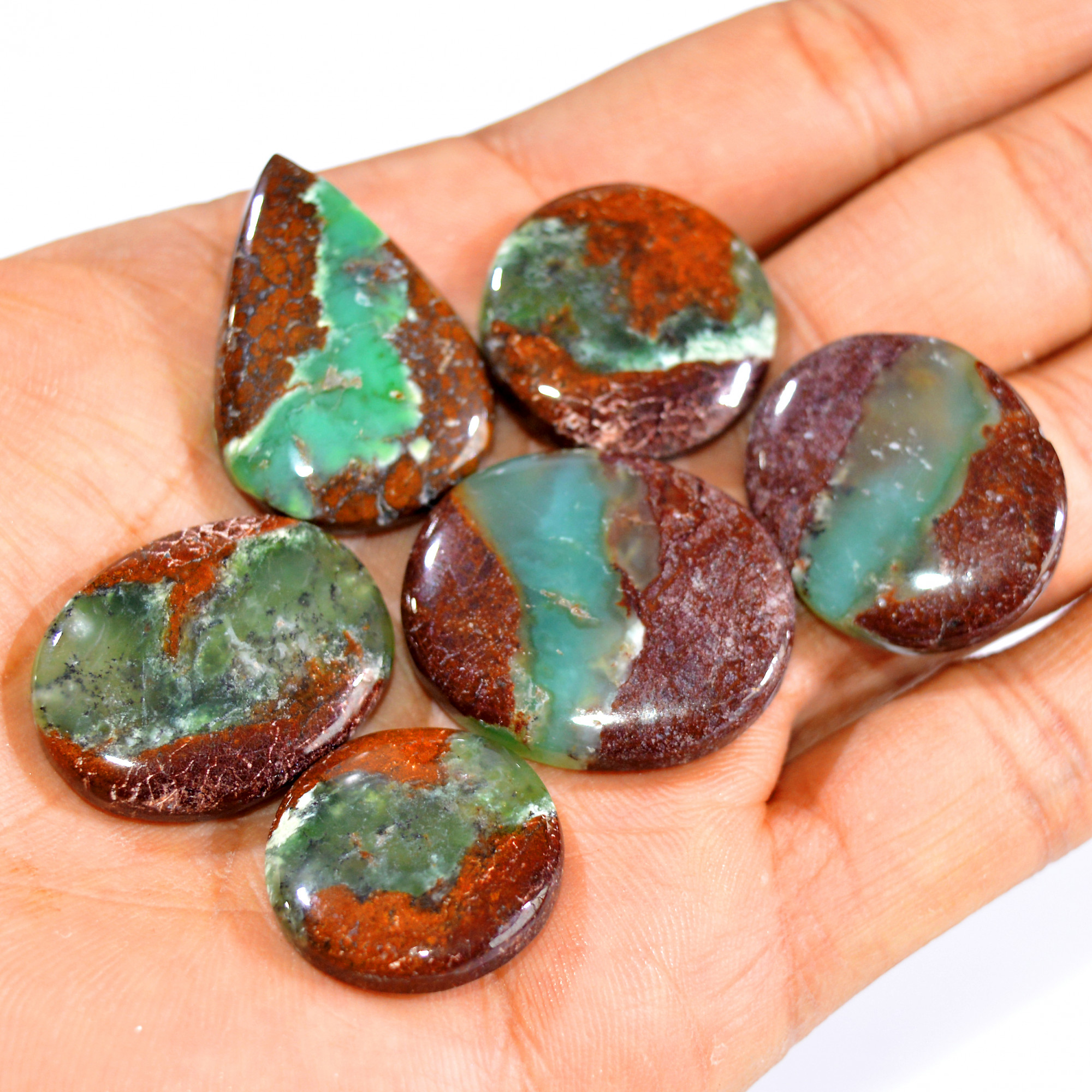 6Pcs 175Cts Natural Green Chrysoprase Cabochon Loose Semi Precious Wholesale Lot Jewelry Making Wire Wrapping Pendant 30x20 20x20mm 15983