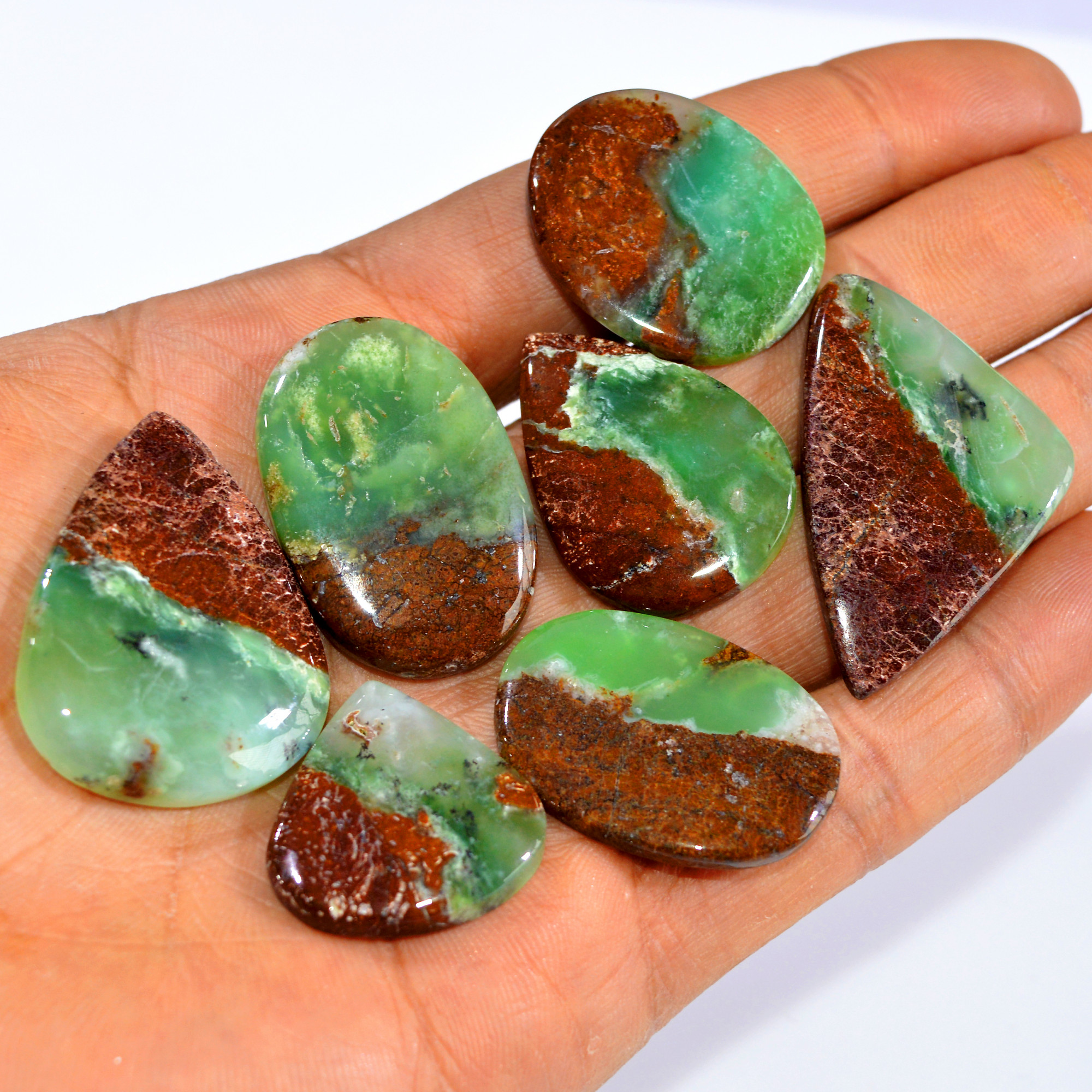 7Pcs 225Cts Natural Green Chrysoprase Cabochon Loose Semi Precious Wholesale Lot Jewelry Making Wire Wrapping Pendant 40x25 23x23mm 15984