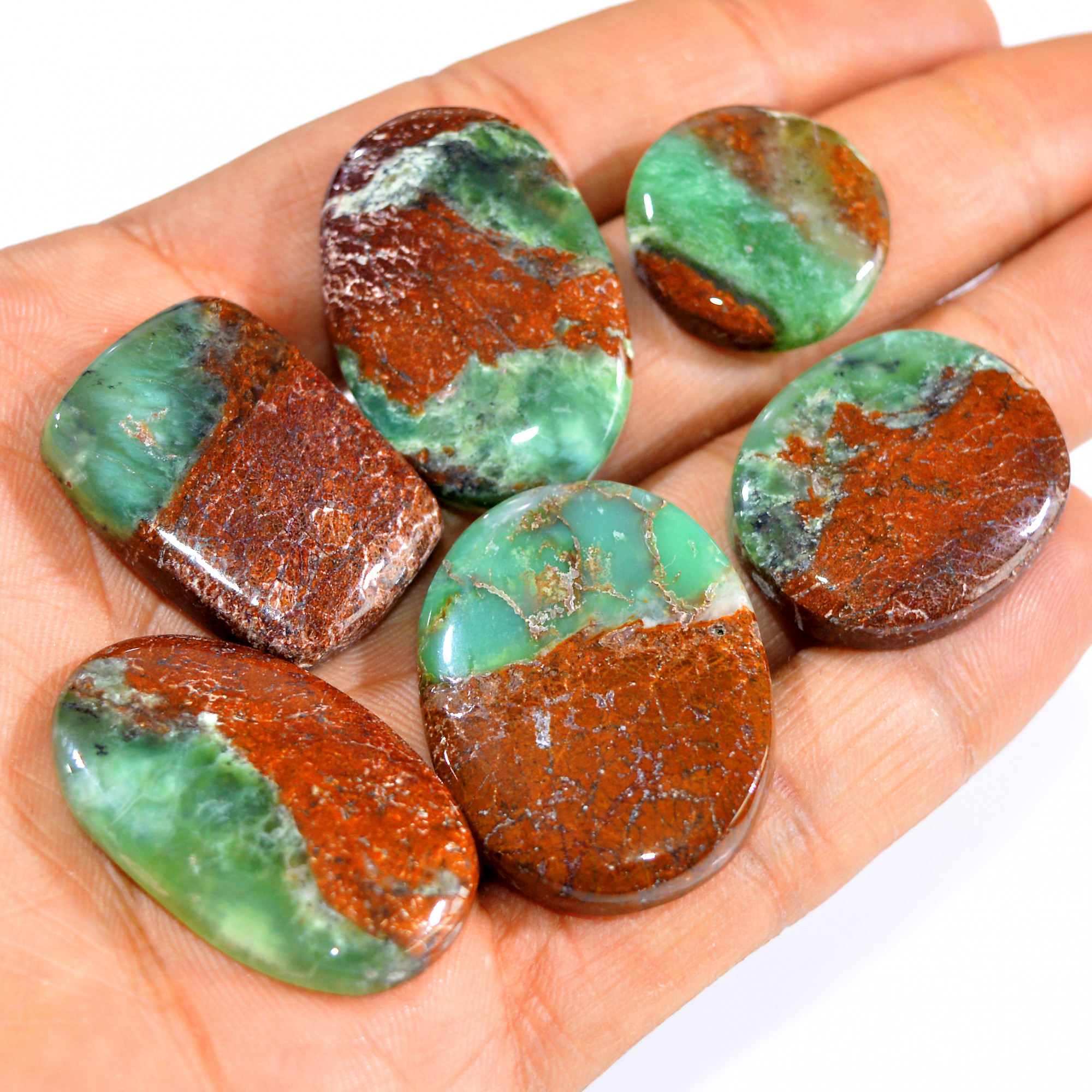 6Pcs 208Cts Natural Green Chrysoprase Cabochon Loose Semi Precious Wholesale Lot Jewelry Making Wire Wrapping Pendant 33x19 20x20mm 15985
