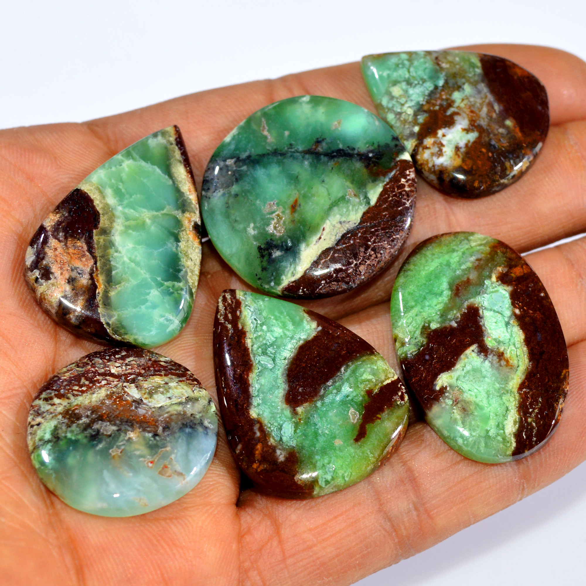 6Pcs 185Cts Natural Green Chrysoprase Cabochon Loose Semi Precious Wholesale Lot Jewelry Making Wire Wrapping Pendant 32x22 24x24mm 15986