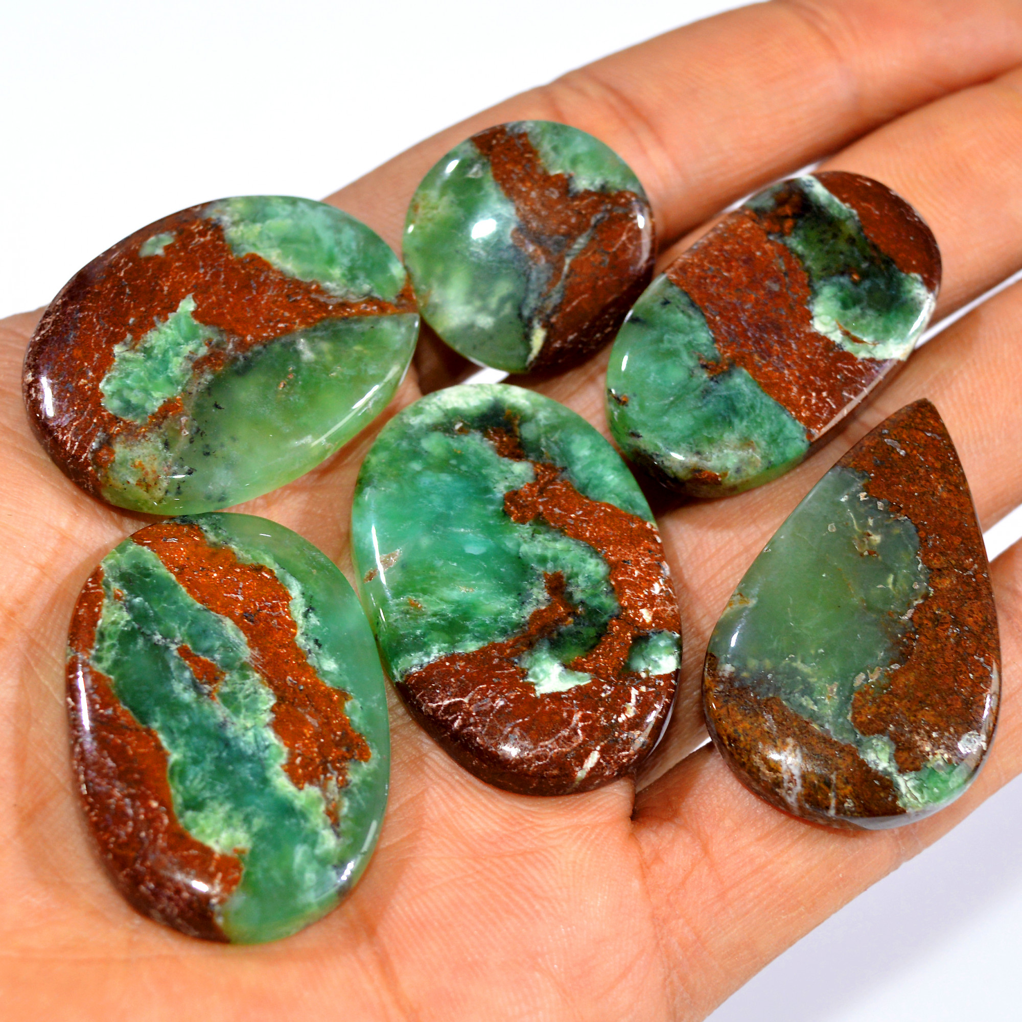 6Pcs 258Cts Natural Green Chrysoprase Cabochon Loose Semi Precious Wholesale Lot Jewelry Making Wire Wrapping Pendant 36x24 20x20mm 15987