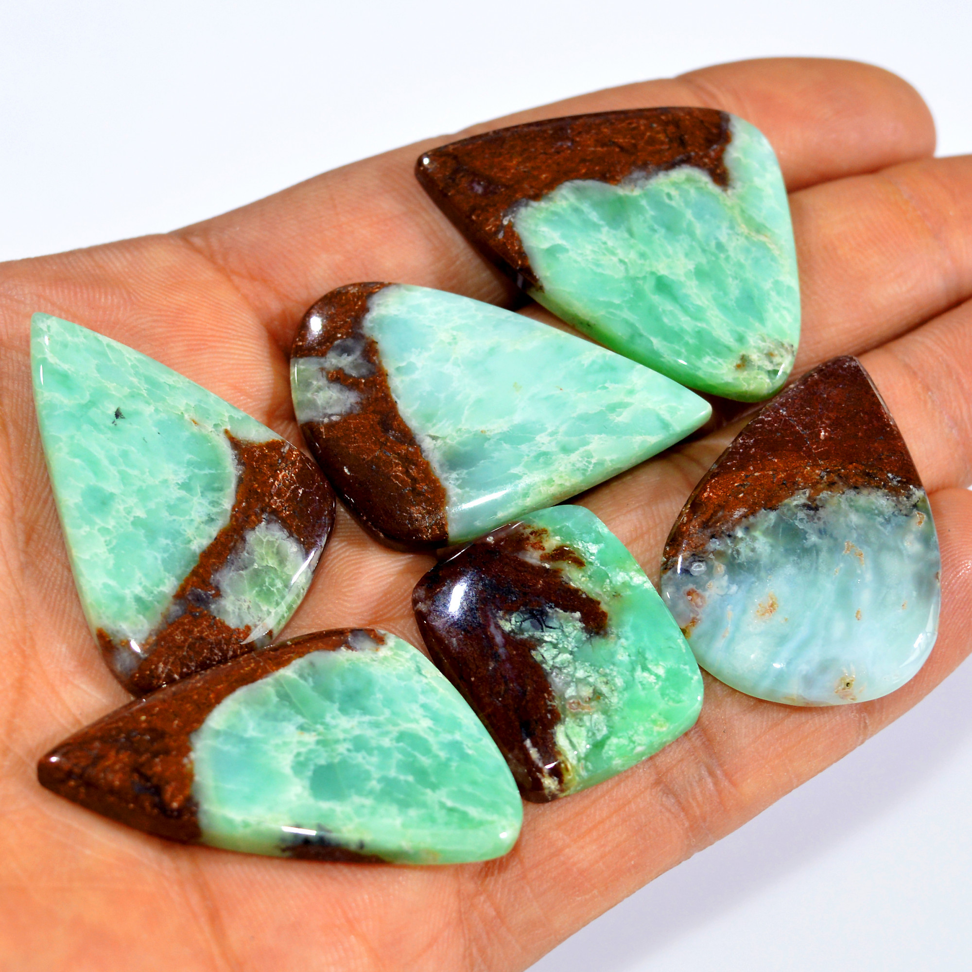 6Pcs 219Cts Natural Green Chrysoprase Cabochon Loose Semi Precious Wholesale Lot Jewelry Making Wire Wrapping Pendant 40x25 24x19mm 15988