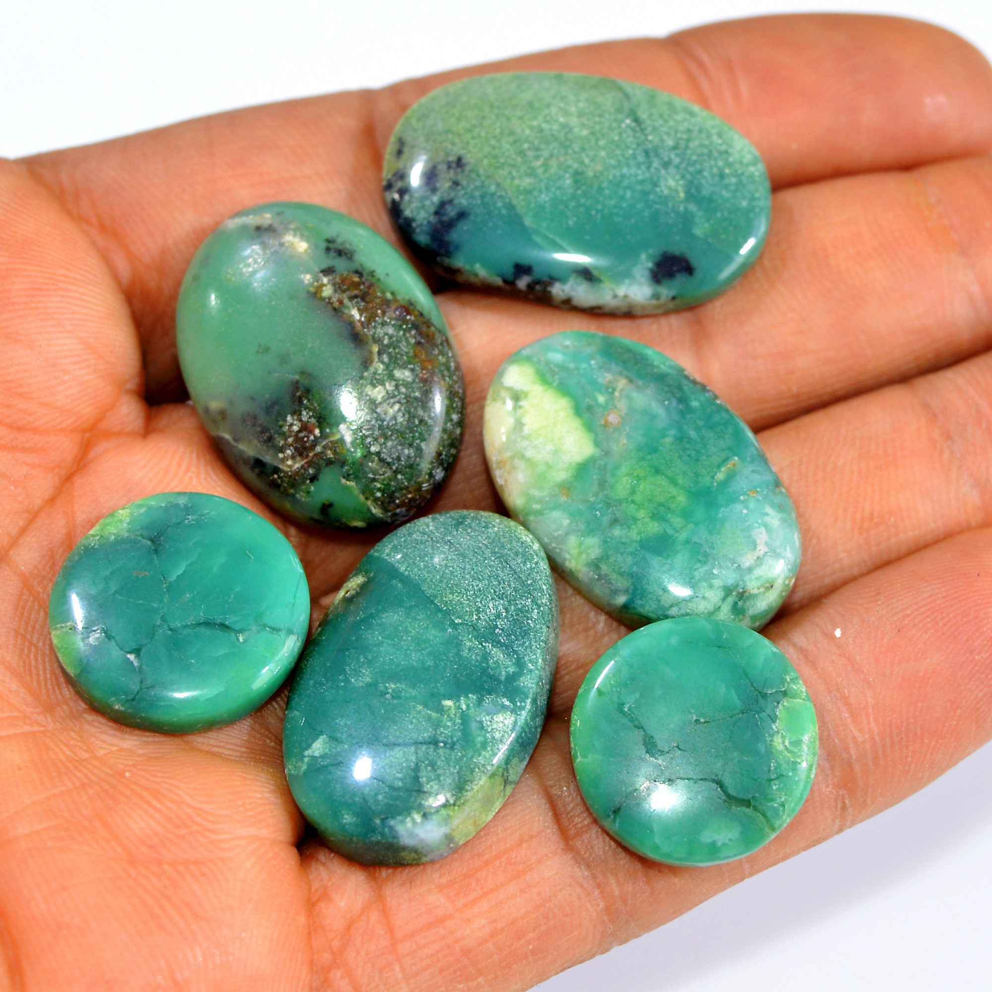 6Pcs 137Cts Natural Green Chrysoprase Cabochon Loose Semi Precious Wholesale Lot Jewelry Making Wire Wrapping Pendant 29x17 15x15mm 15989