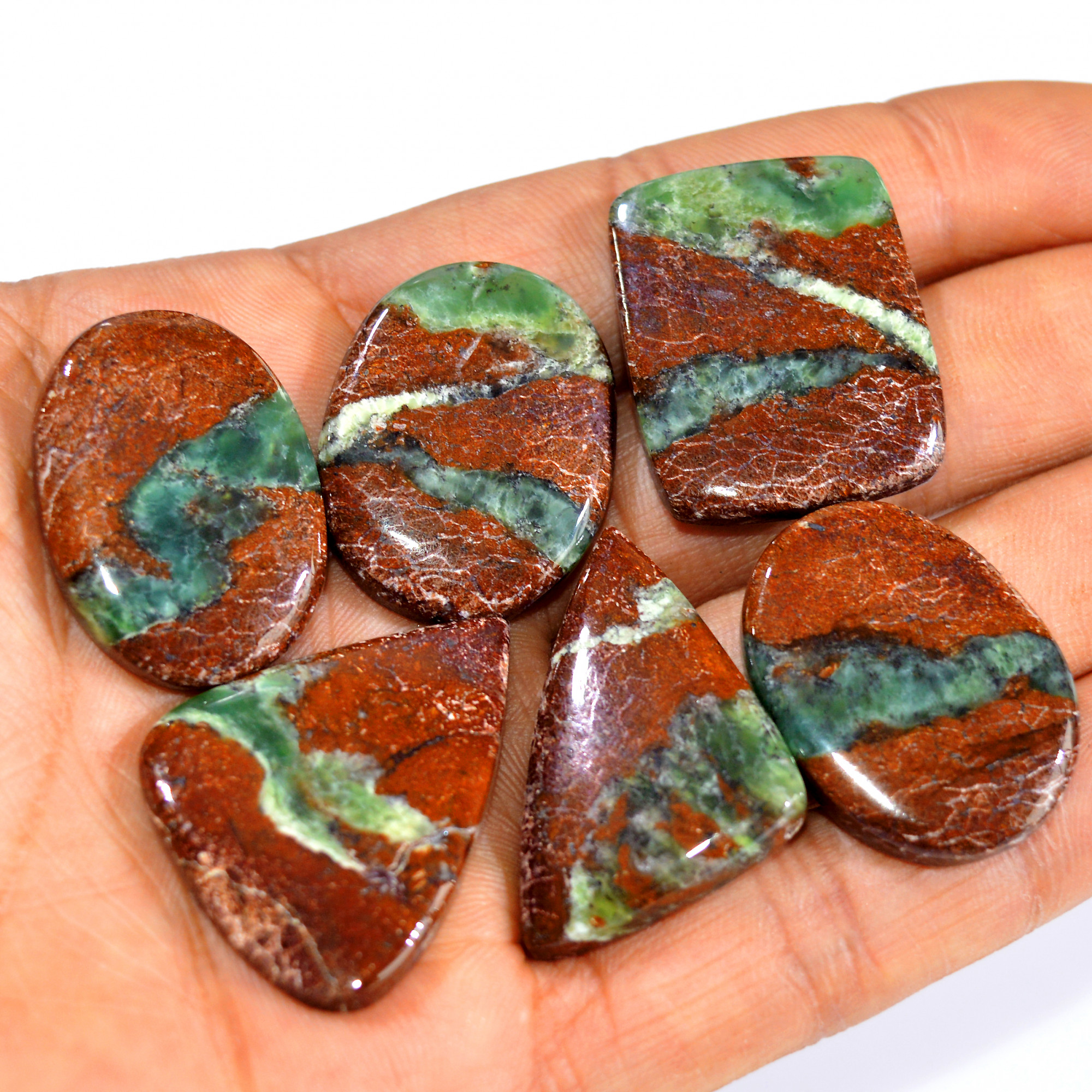 6Pcs 198Cts Natural Green Chrysoprase Cabochon Loose Semi Precious Wholesale Lot Jewelry Making Wire Wrapping Pendant 35x20 29x20mm 15990