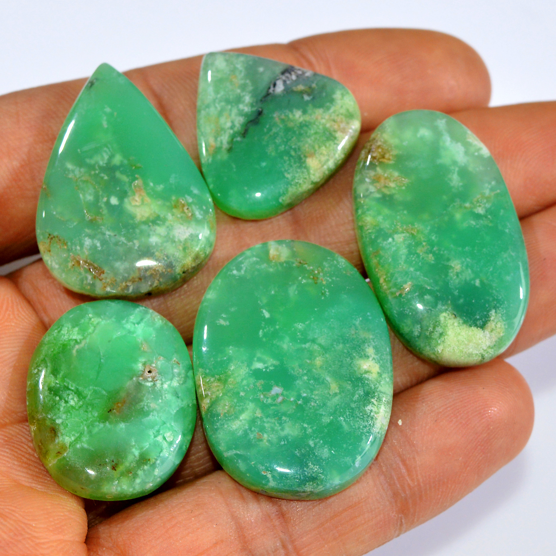 5Pcs 162Cts Natural Green Chrysoprase Cabochon Loose Semi Precious Wholesale Lot Jewelry Making Wire Wrapping Pendant 31x22 21x21mm 15991