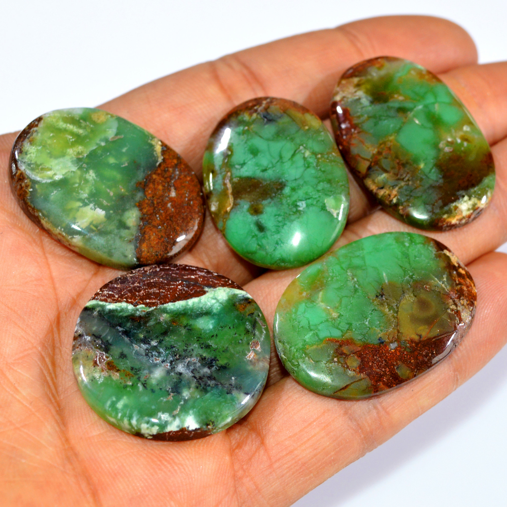 5Pcs 196Cts Natural Green Chrysoprase Cabochon Loose Semi Precious Wholesale Lot Jewelry Making Wire Wrapping Pendant 34x21 30x21mm 15995
