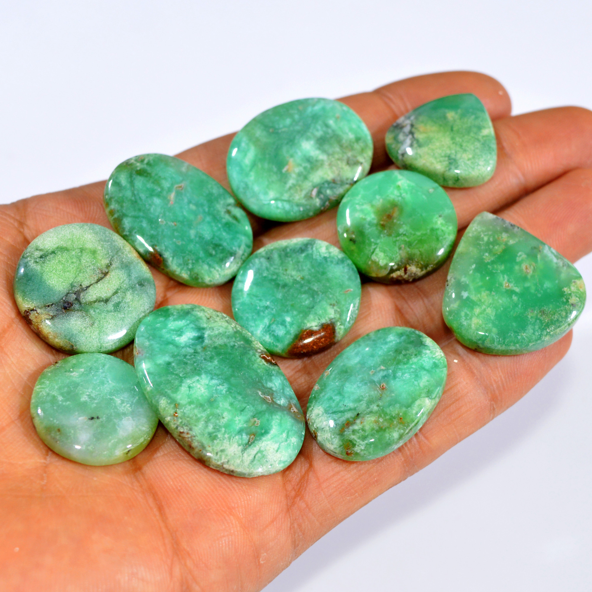 10Pcs 252Cts Natural Green Chrysoprase Cabochon Loose Semi Precious Wholesale Lot Jewelry Making Wire Wrapping Pendant 35x23 20x20mm 15996