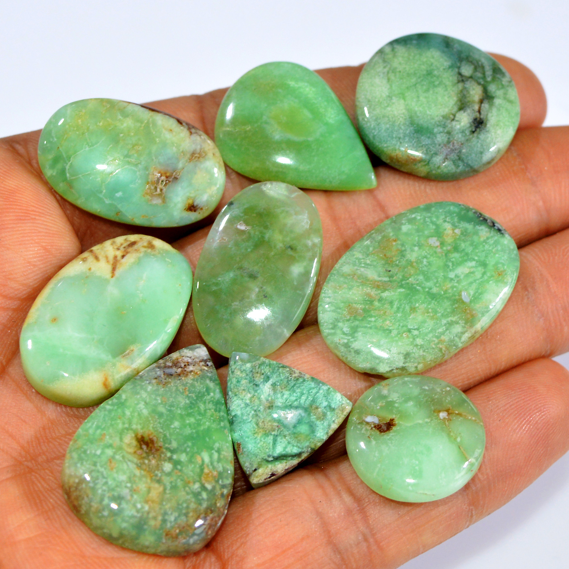 9Pcs 170Cts Natural Green Chrysoprase Cabochon Loose Semi Precious Wholesale Lot Jewelry Making Wire Wrapping Pendant 30x20 15x15mm 15997