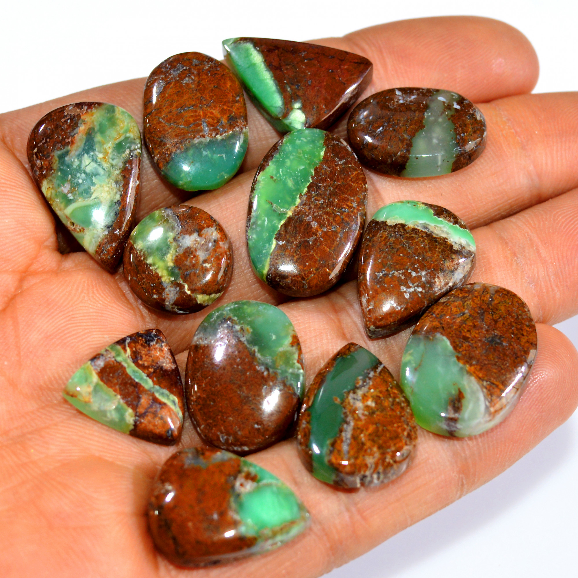 12Pcs 148Cts Natural Green Chrysoprase Cabochon Loose Semi Precious Wholesale Lot Jewelry Making Wire Wrapping Pendant 21x14 13x13mm 15998