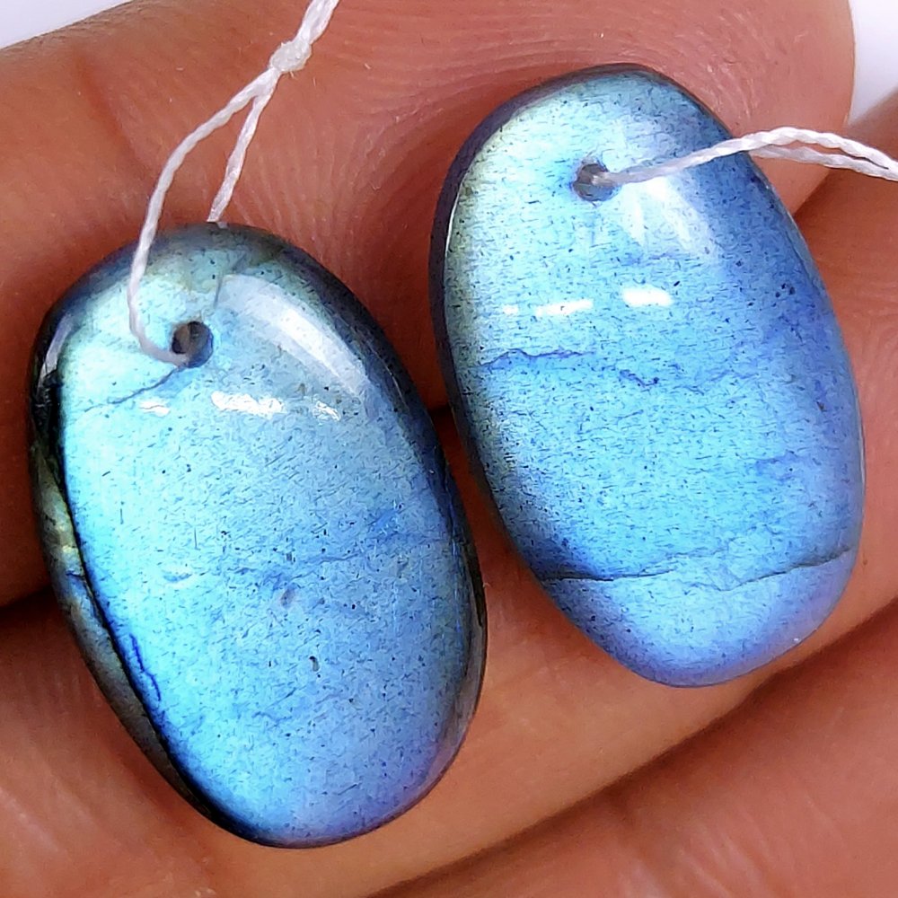 23Cts Natural Blue Labradorite Cabochon Pair Oval Shape Drilled Loose Gemstone 23x14mm #160