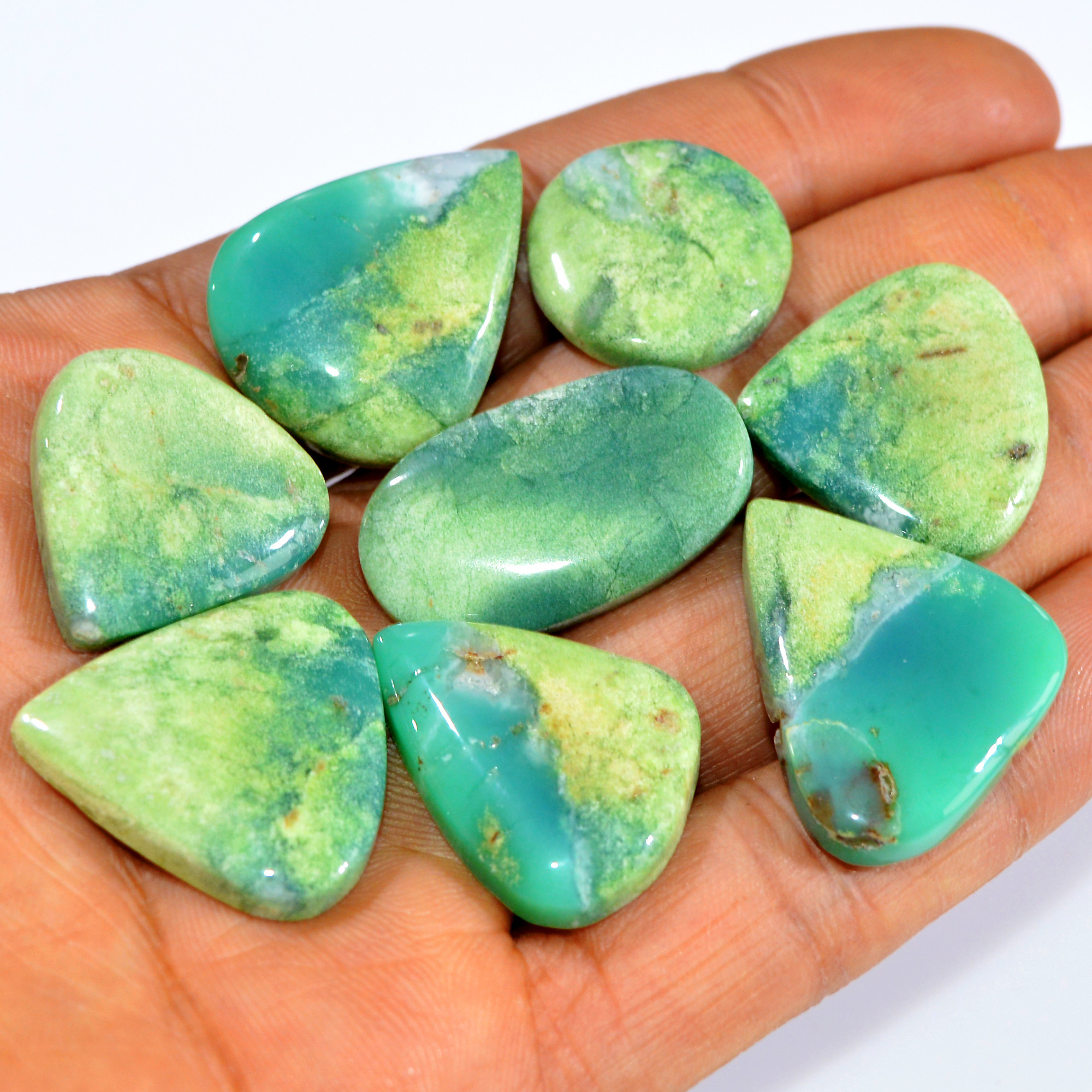 8Pcs 184Cts Natural Green Chrysoprase Cabochon Loose Semi Precious Wholesale Lot Jewelry Making Wire Wrapping Pendant 30x15 20x20mm 16000