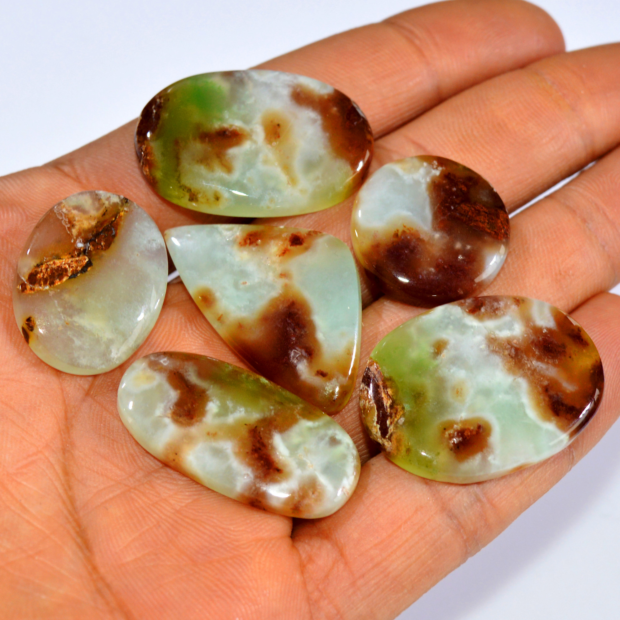6Pcs 155Cts Natural Green Chrysoprase Cabochon Loose Semi Precious Wholesale Lot Jewelry Making Wire Wrapping Pendant 33x19 20x20mm 16001