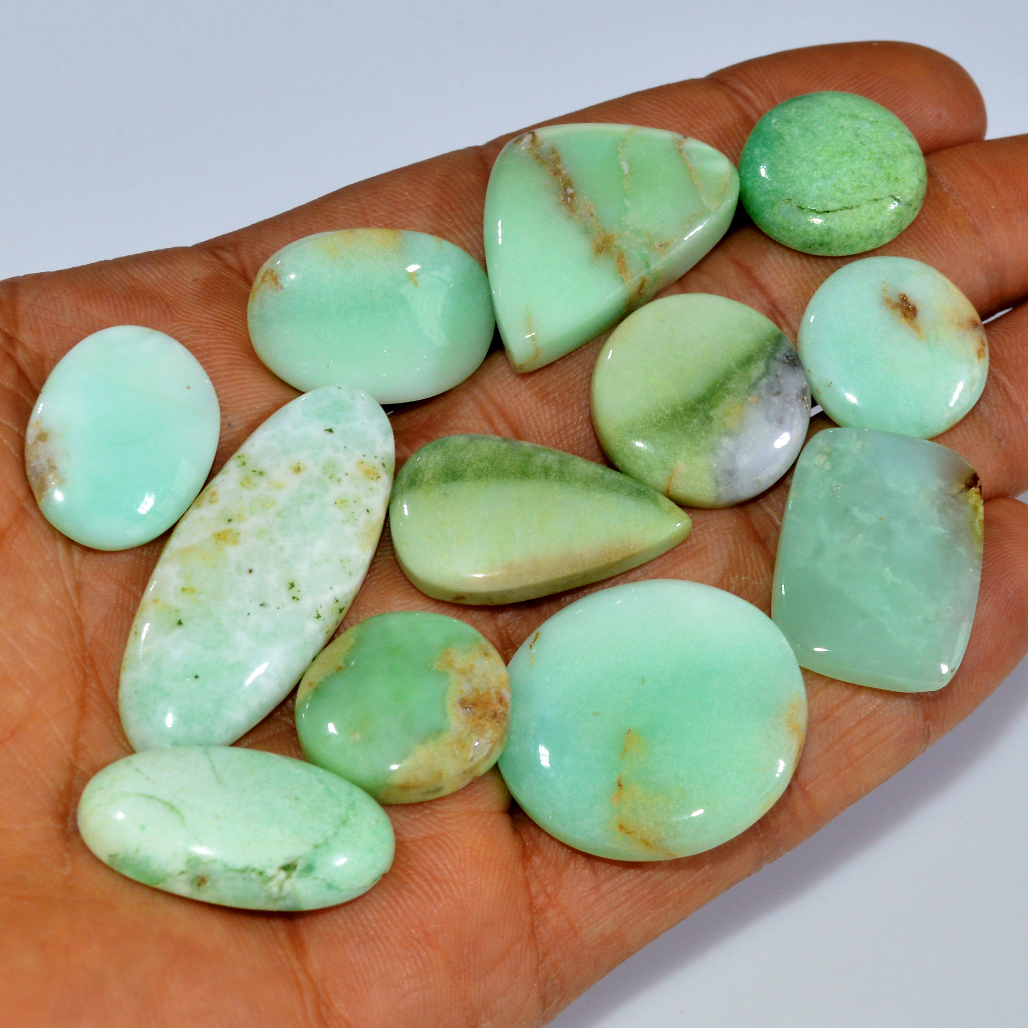11Pcs 212Cts Natural Green Chrysoprase Cabochon Handmade Jewelry Making Wire Wrapping Pendant Loose Gemstone Lot 40x15 15x15mm 16004