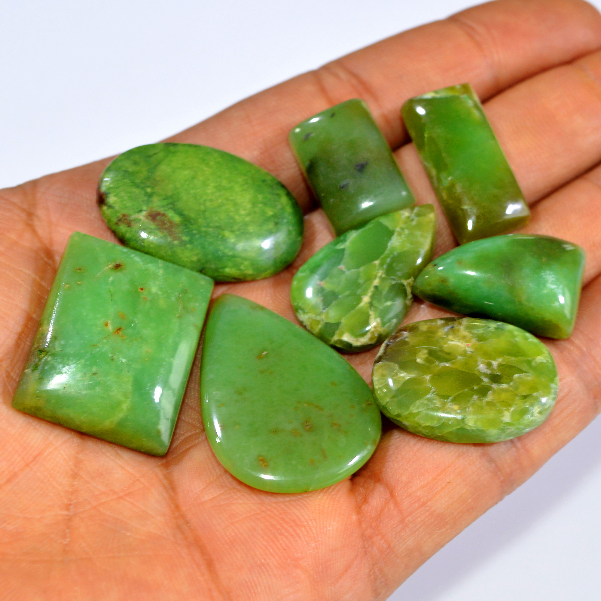 8Pcs 207Cts Natural Green Chrysoprase Cabochon Handmade Jewelry Making Wire Wrapping Pendant Loose Gemstone Lot 34x22 17x11mm 16006