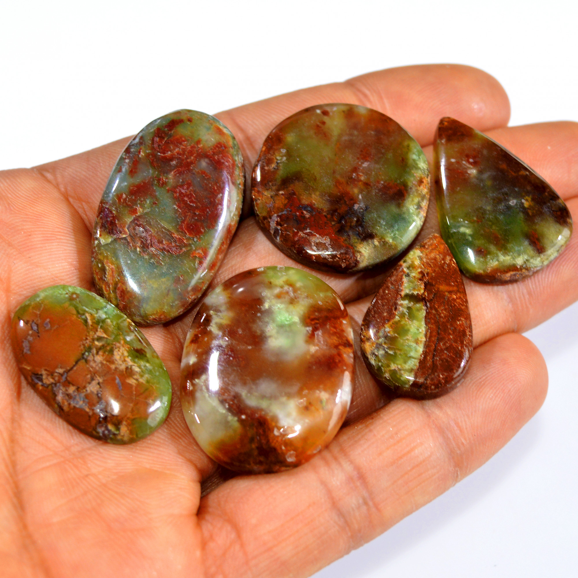 6Pcs 180Cts Natural Green Chrysoprase Cabochon Handmade Jewelry Making Wire Wrapping Pendant Loose Gemstone Lot 34x20 25x15mm 16009