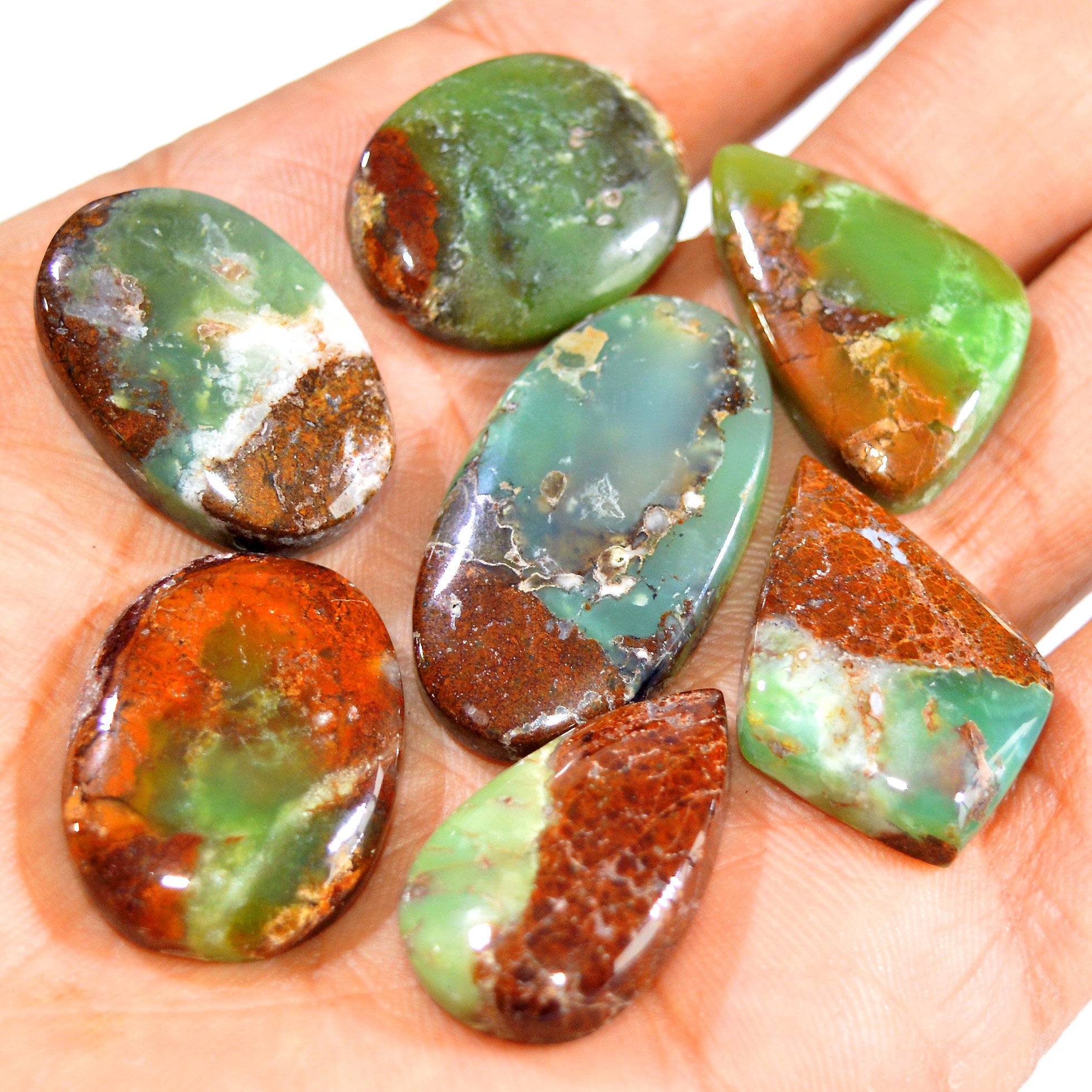 7Pcs 162Cts Natural Green Chrysoprase Cabochon Handmade Jewelry Making Wire Wrapping Pendant Loose Gemstone Lot 31x16 21x16mm 16012