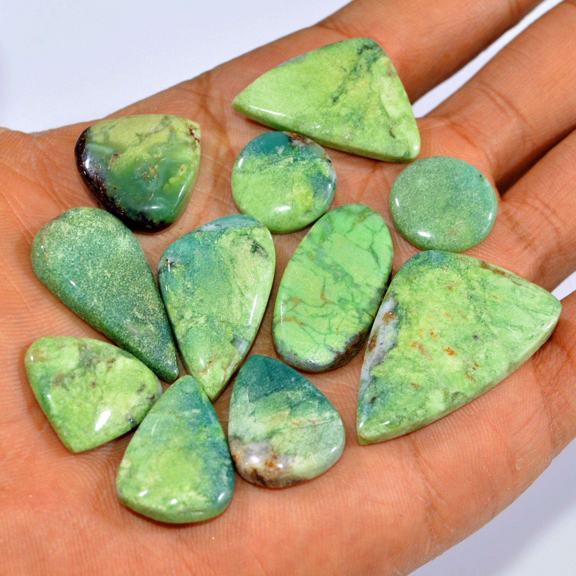 11Pcs 169Cts Natural Green Chrysoprase Cabochon Handmade Jewelry Making Wire Wrapping Pendant Loose Gemstone Lot 35x21 14x14mm 16015