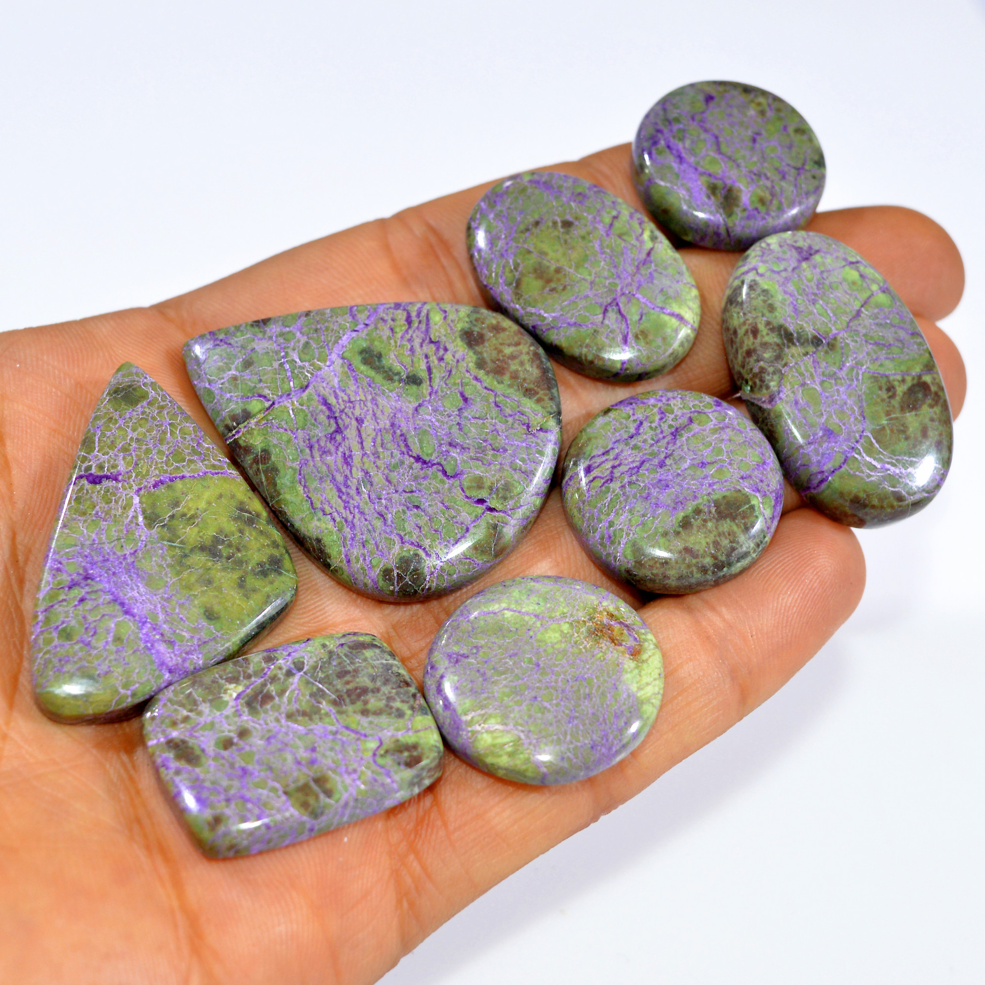 8Pcs 271Cts Natural Stichtite Gemstone Cabochon Lot Silver Necklace Handmade Serpentine Stichtite for Reiki and Healing 42x33 20x20mm 16069