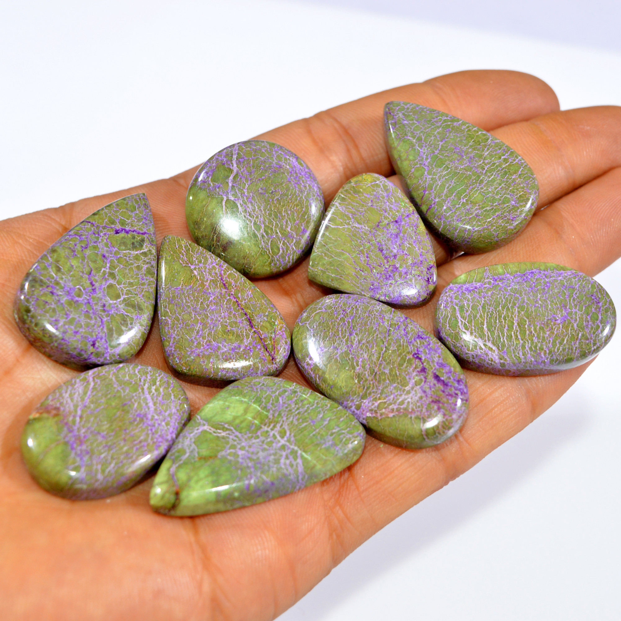 9Pc 299Ct Natural Stichtite Gemstone Cabochon Lot Silver Necklace Handmade Serpentine Stichtite for Reiki and Healing 35x20 24x24 mm 16078