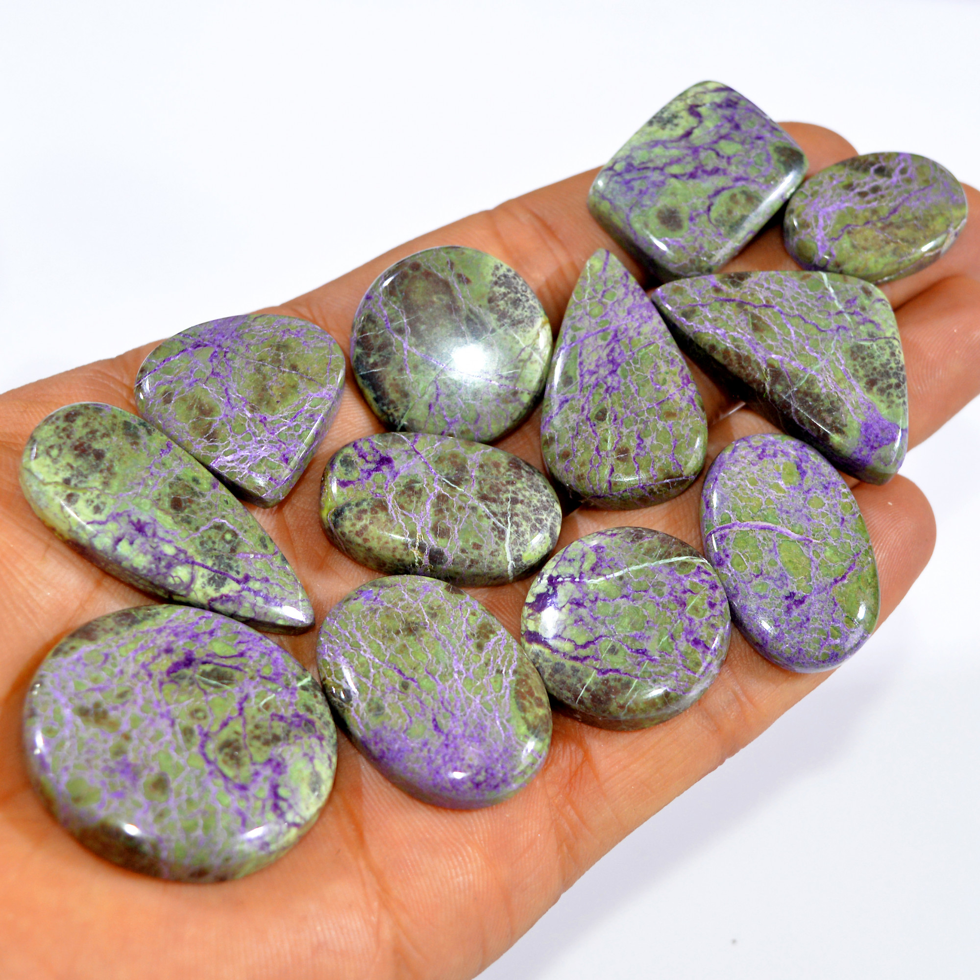 12Pc 384Ct Natural Stichtite Gemstone Cabochon Lot Silver Necklace Handmade Serpentine Stichtite for Reiki and Healing 31x31 24x15 mm 16080