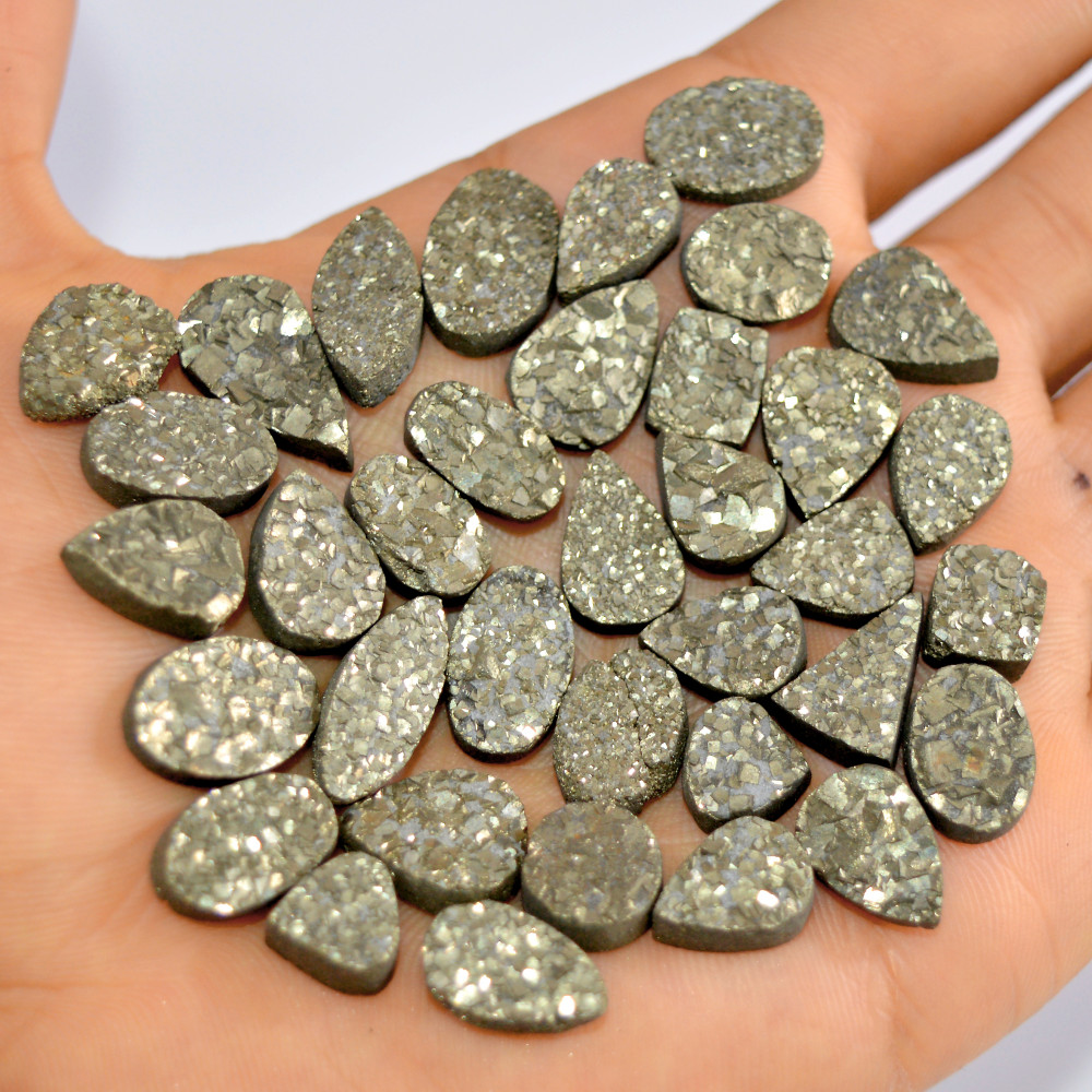 Image of 36 Pcs 371 Cts Natural Pyrite Druzy Loose Gemstone Lot Healing Crystal For Jewelry Making Semi-Precious Gemstones 19x10 9x9mm #16157